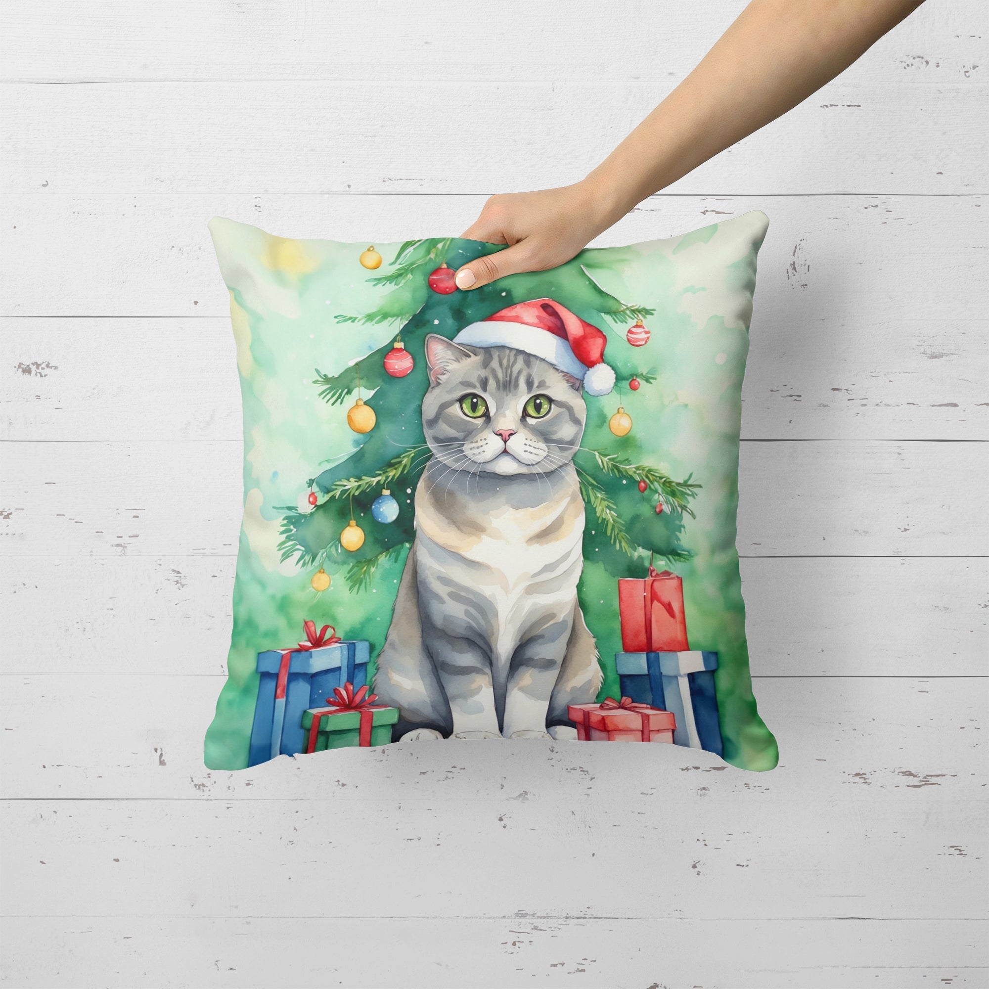 Scottish Fold Cat By the Christmas Tree Decorative Throw Pillow 18x18 Indoor Outdoor Accent Cushion, Fabric Cover with Insert for Sofa, Bed, Porch & Living Room