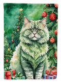 Selkirk Rex Cat By the Christmas Tree House Flag 28x40 Porch Sleeve Pole Decorative Outside Yard Banner Artwork Wall Hanging, Polyester