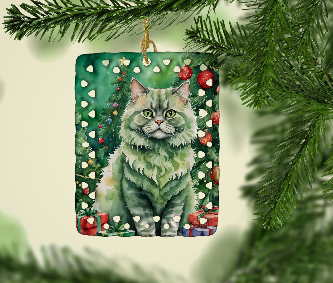 Selkirk Rex Cat By the Christmas Tree Porcelain Ornament Christmas Tree Hanging Decorations for Home Christmas Holiday, Rectangle, Gift, Multicolor