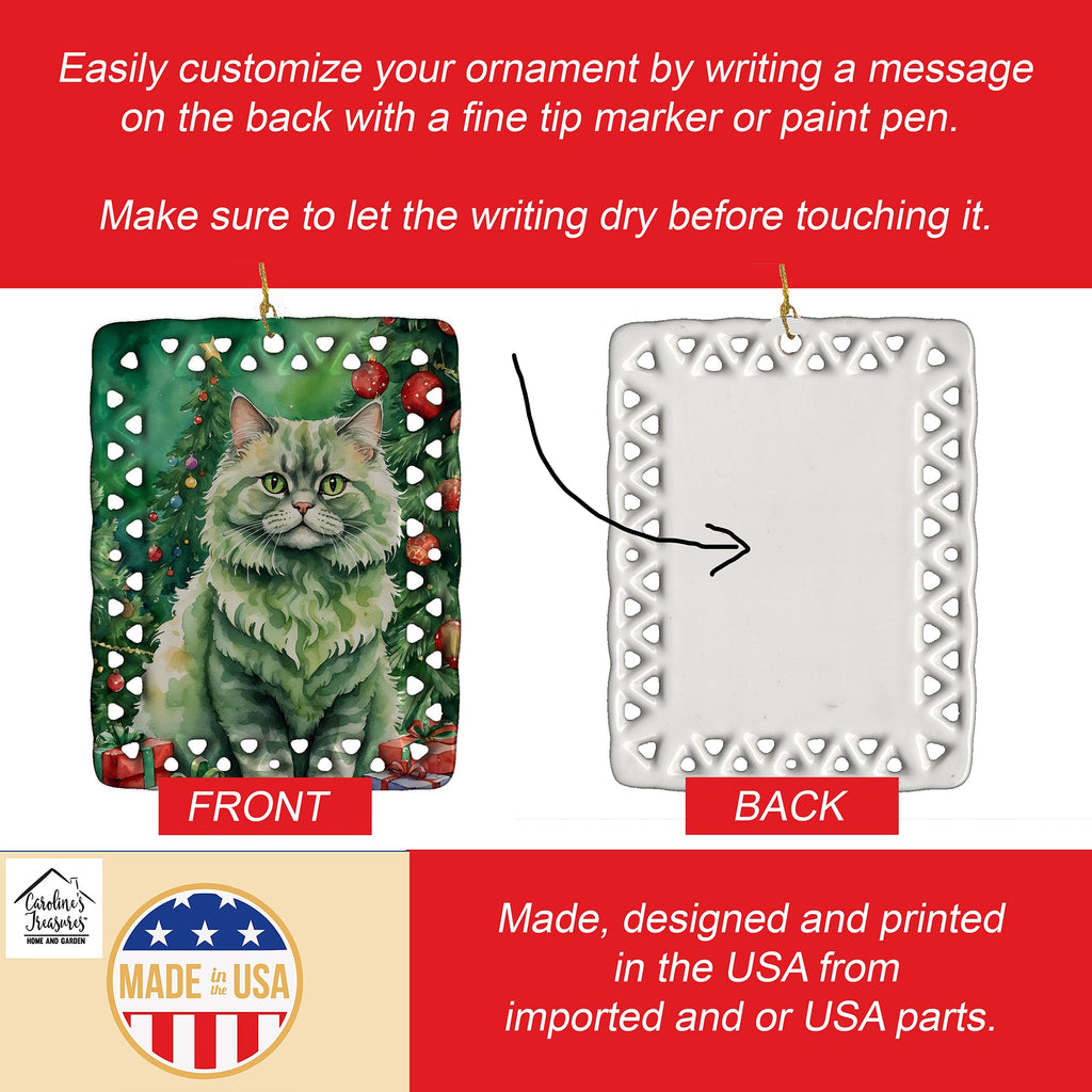 Selkirk Rex Cat By the Christmas Tree Porcelain Ornament Christmas Tree Hanging Decorations for Home Christmas Holiday, Rectangle, Gift, Multicolor