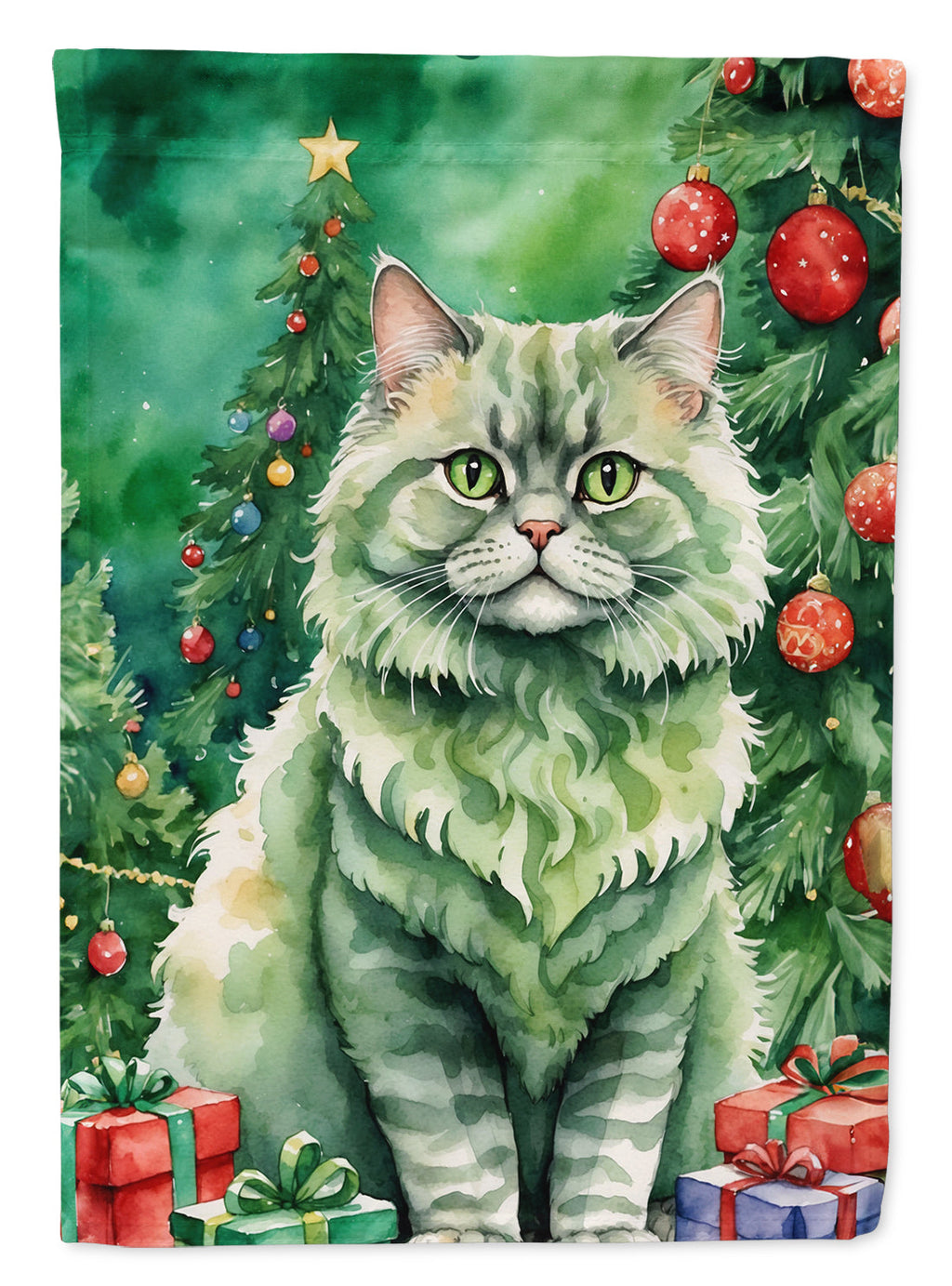 Selkirk Rex Cat By the Christmas Tree Garden Flag Mailbox Decorative Yard Banner Outside Patio Artwork for Flower Beds, Garden Size, Multicolor
