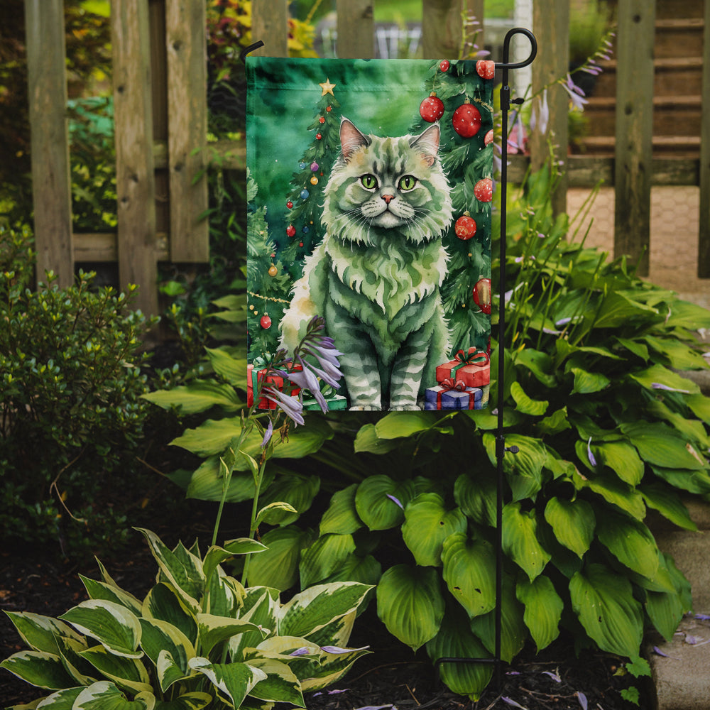Selkirk Rex Cat By the Christmas Tree Garden Flag Mailbox Decorative Yard Banner Outside Patio Artwork for Flower Beds, Garden Size, Multicolor