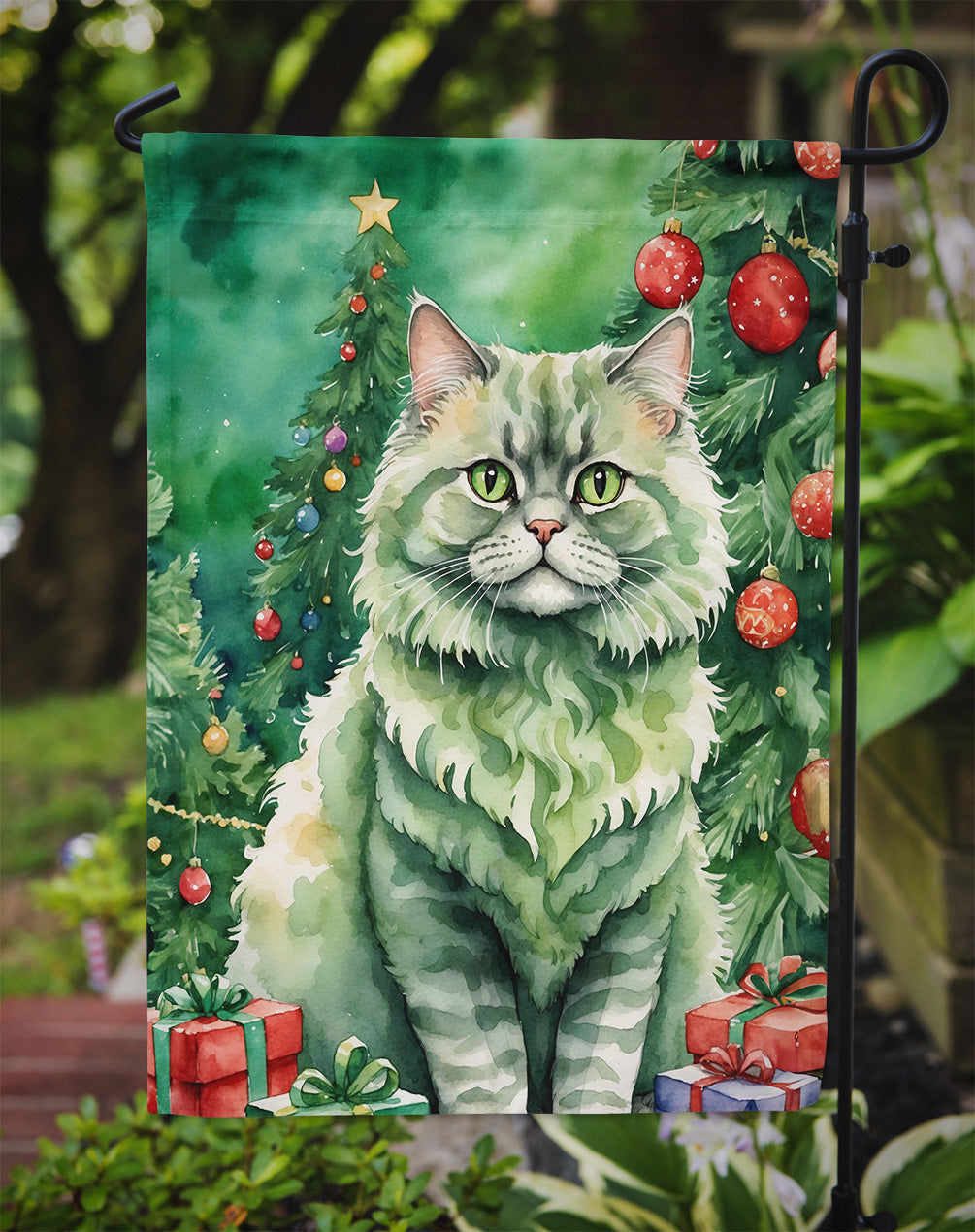 Selkirk Rex Cat By the Christmas Tree Garden Flag Mailbox Decorative Yard Banner Outside Patio Artwork for Flower Beds, Garden Size, Multicolor
