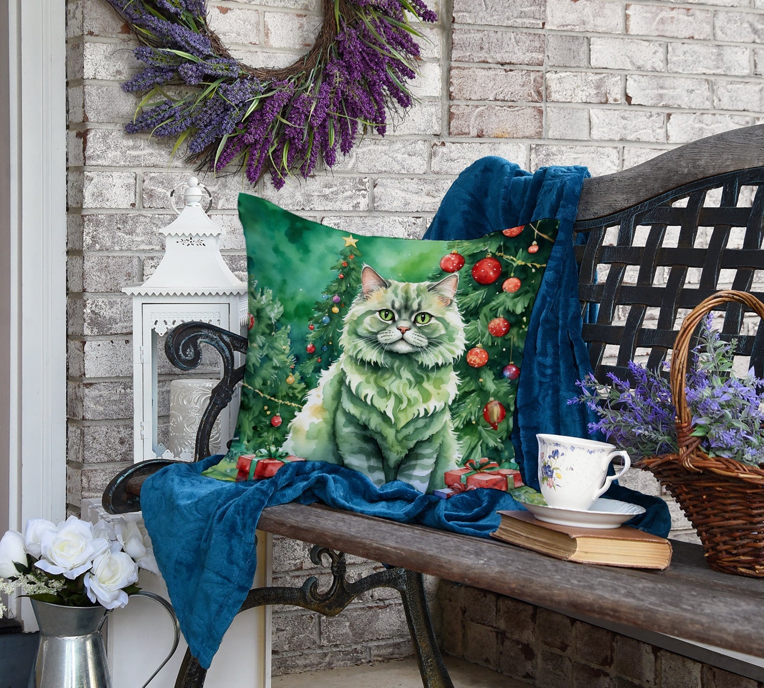 Selkirk Rex Cat By the Christmas Tree Decorative Throw Pillow 18x18 Indoor Outdoor Accent Cushion, Fabric Cover with Insert for Sofa, Bed, Porch & Living Room