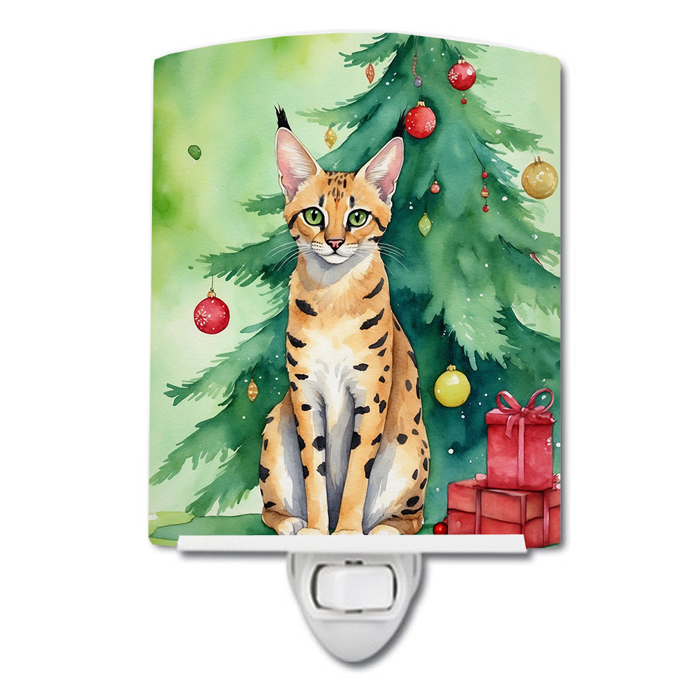 Serengeti Cat By the Christmas Tree Ceramic Night Light Compact, UL-Certified, Ideal for Bedroom, Bathroom, Nursery, Hallway, Kitchen, 6x4x3, Multicolor