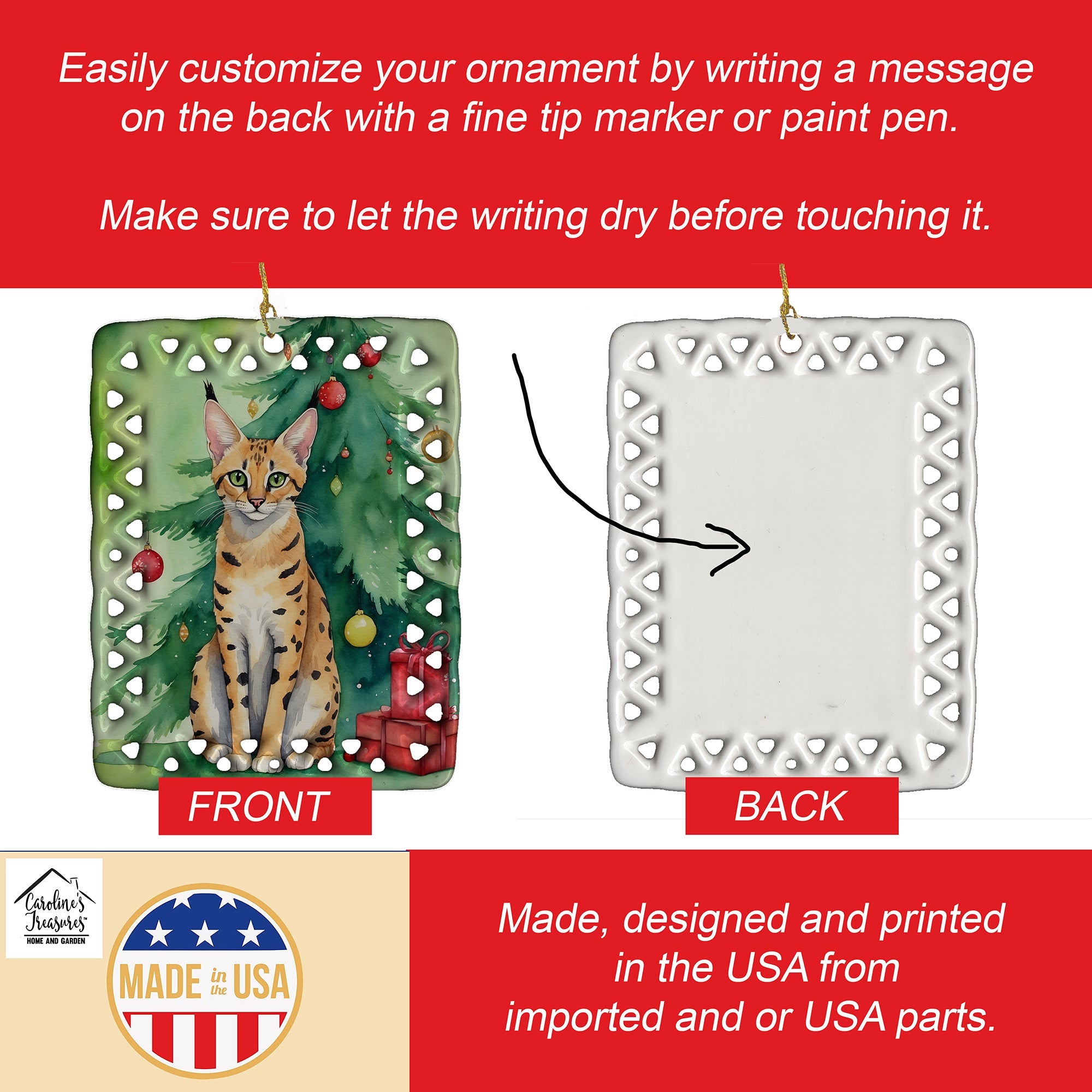 Serengeti Cat By the Christmas Tree Porcelain Ornament Christmas Tree Hanging Decorations for Home Christmas Holiday, Rectangle, Gift, Multicolor