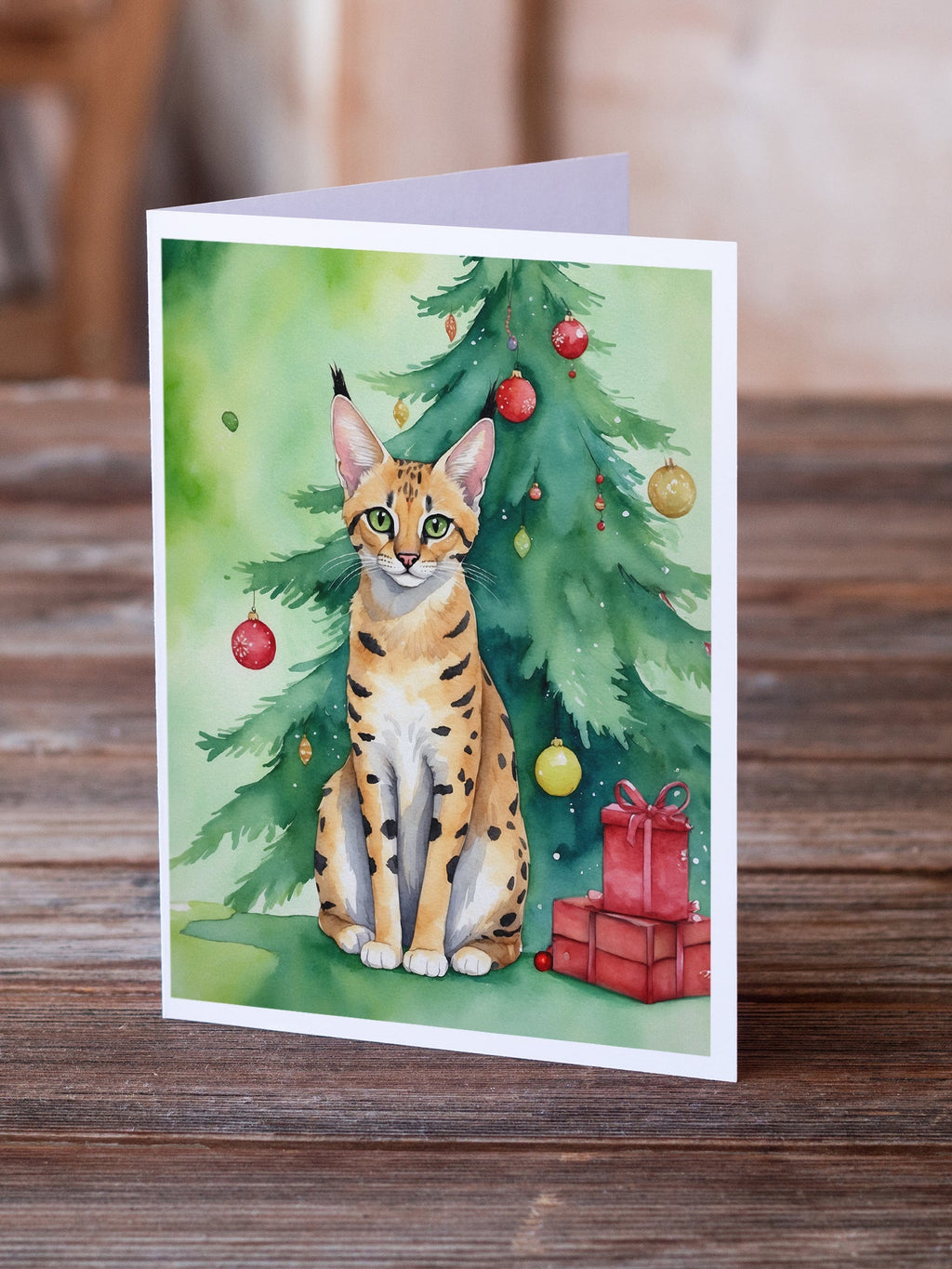 Serengeti Cat By the Christmas Tree Greeting Cards Pack of 8 Blank Cards with Envelopes Whimsical A7 Size 5x7