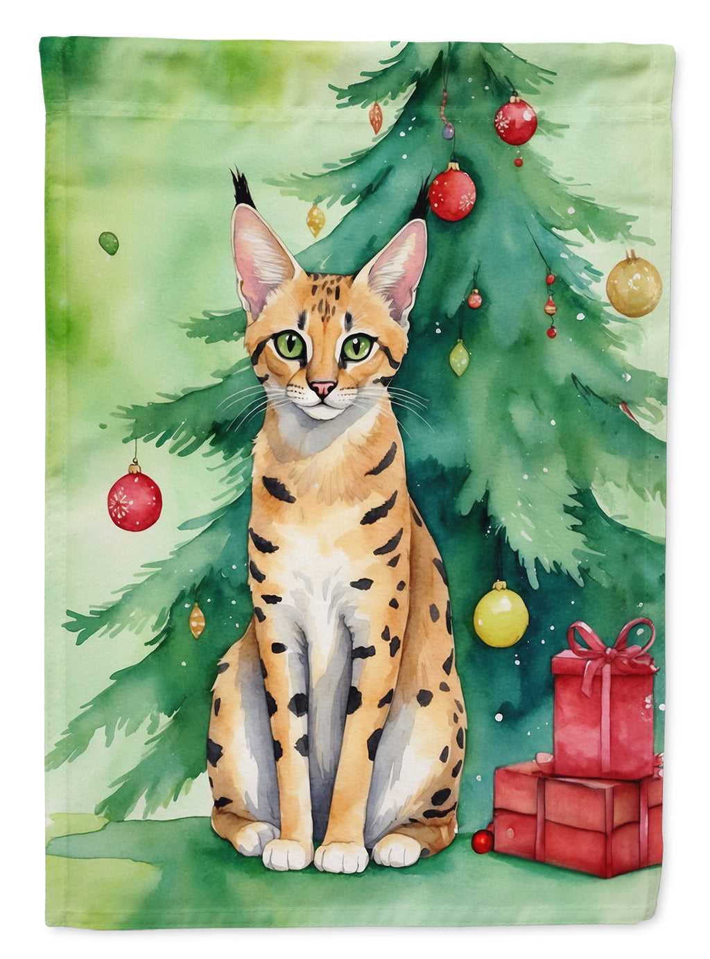 Serengeti Cat By the Christmas Tree Garden Flag Mailbox Decorative Yard Banner Outside Patio Artwork for Flower Beds, Garden Size, Multicolor