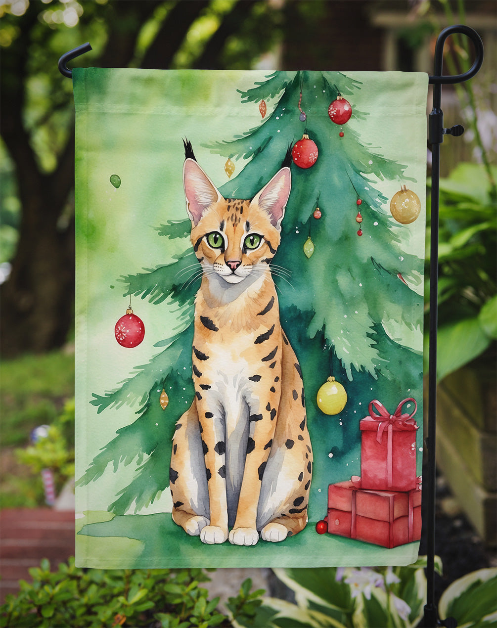 Serengeti Cat By the Christmas Tree Garden Flag Mailbox Decorative Yard Banner Outside Patio Artwork for Flower Beds, Garden Size, Multicolor