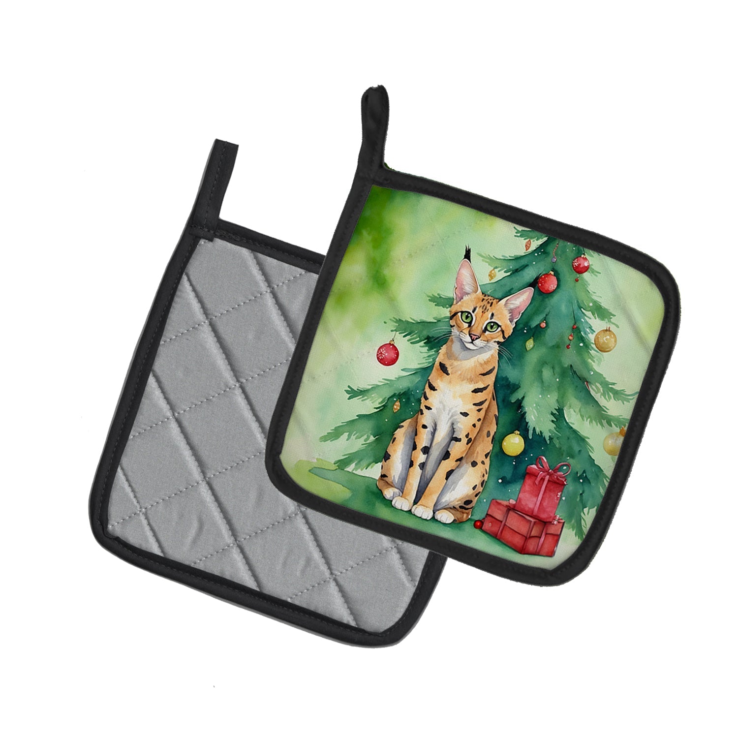 Serengeti Cat By the Christmas Tree Pot Holder Set of 2 Heat Resistant Quilted Hot Pads 7.5 x 7.5 Inch, Insulated Kitchen Trivets for Cooking & Baking