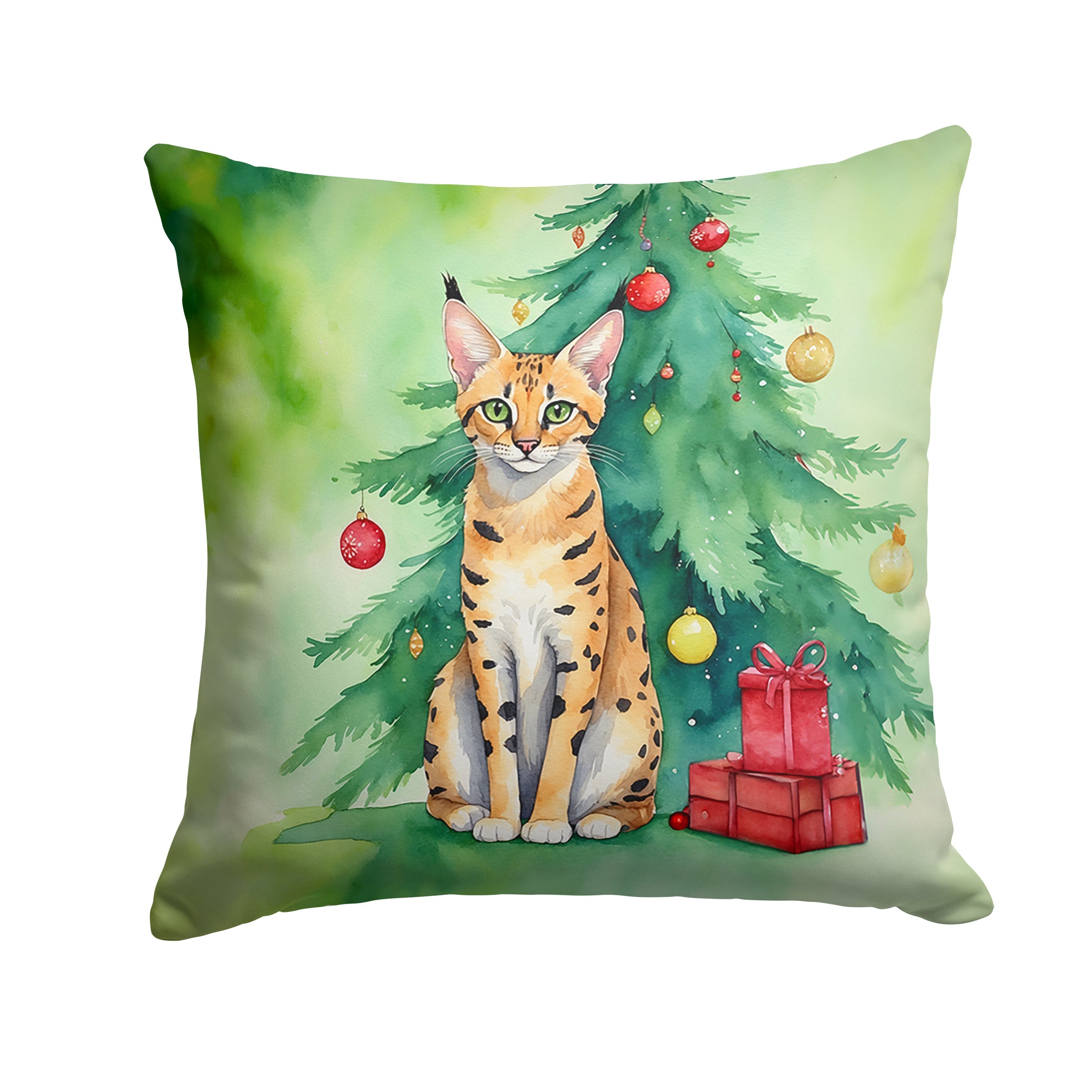 Serengeti Cat By the Christmas Tree Decorative Throw Pillow 14x14 Indoor Outdoor Accent Cushion, Fabric Cover with Insert for Sofa, Bed, Porch & Living Room