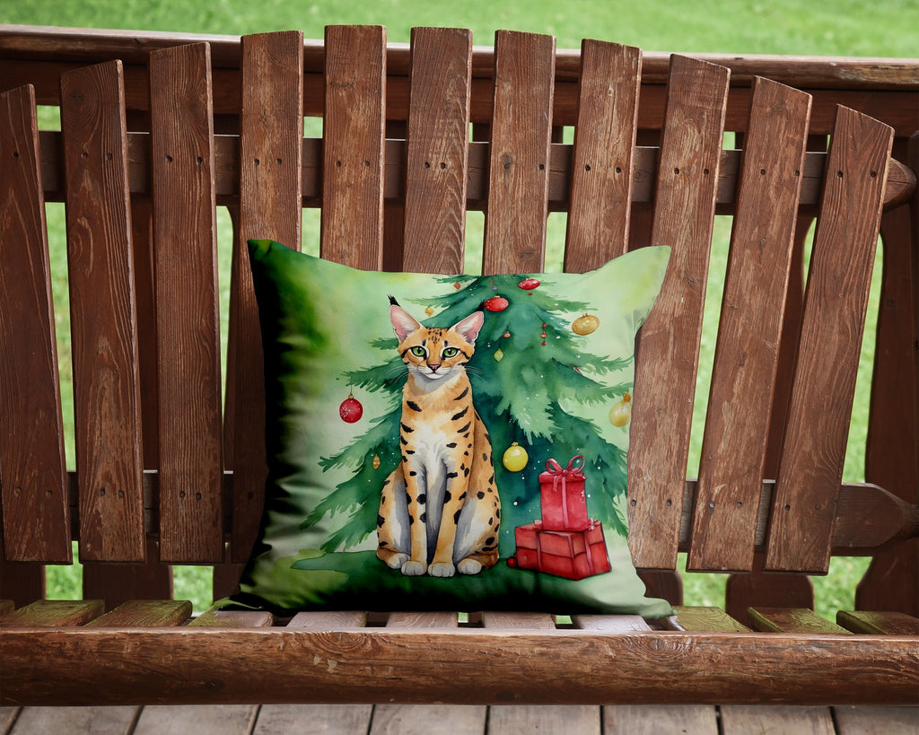 Serengeti Cat By the Christmas Tree Decorative Throw Pillow 14x14 Indoor Outdoor Accent Cushion, Fabric Cover with Insert for Sofa, Bed, Porch & Living Room