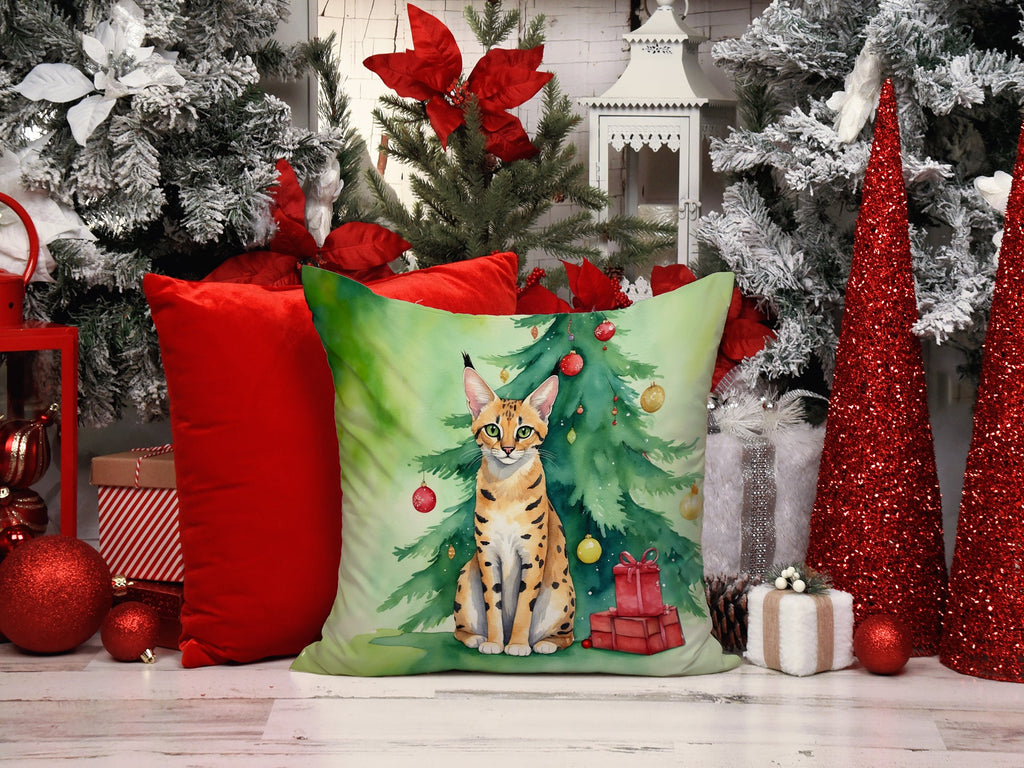 Serengeti Cat By the Christmas Tree Decorative Throw Pillow 18x18 Indoor Outdoor Accent Cushion, Fabric Cover with Insert for Sofa, Bed, Porch & Living Room