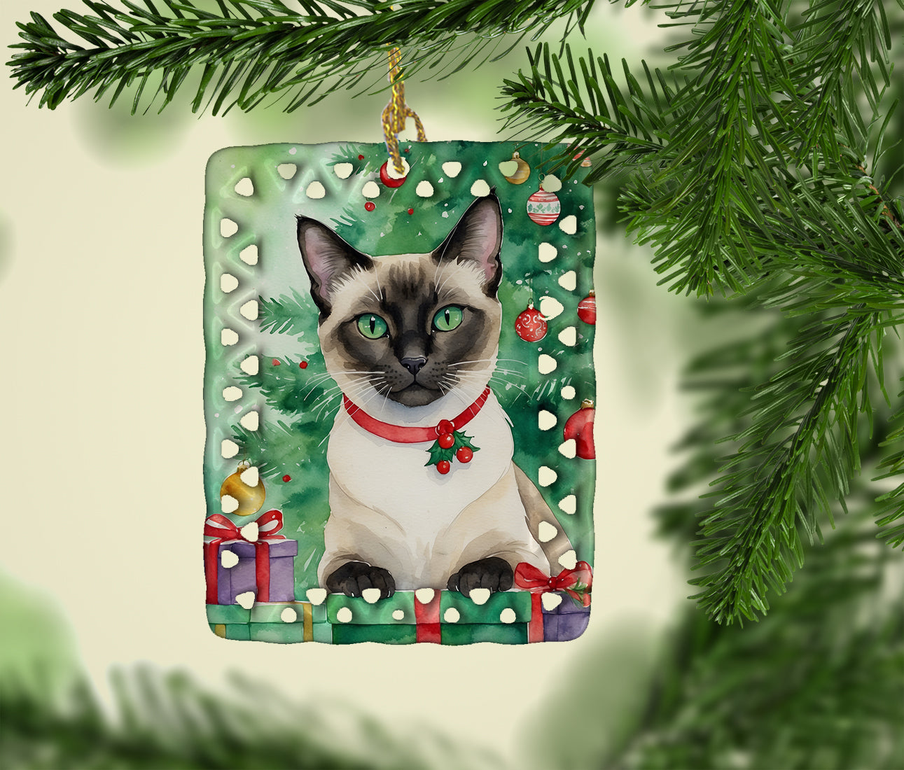 Siamese Cat By the Christmas Tree Porcelain Ornament Christmas Tree Hanging Decorations for Home Christmas Holiday, Rectangle, Gift, Multicolor