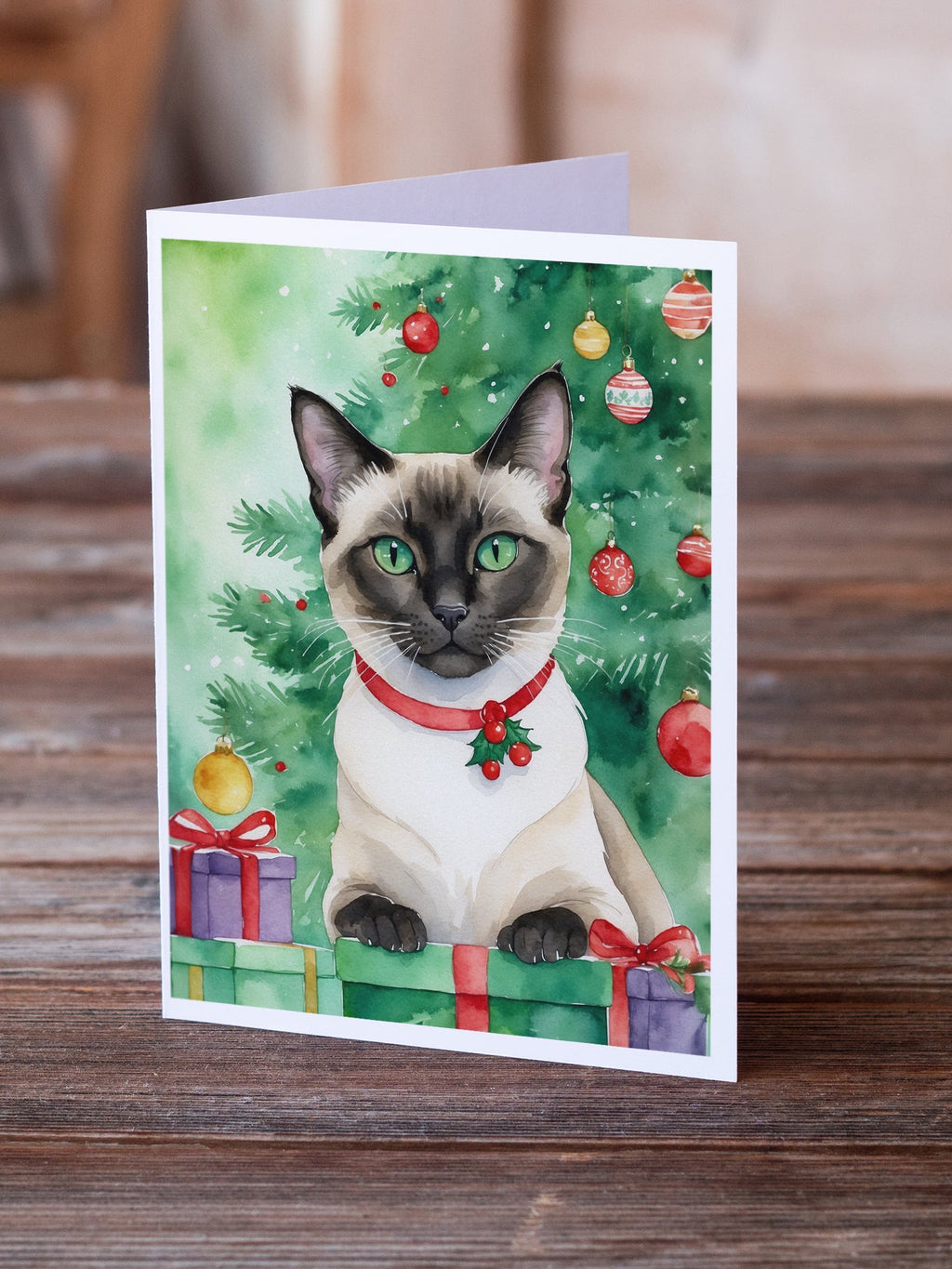 Siamese Cat By the Christmas Tree Greeting Cards Pack of 8 Blank Cards with Envelopes Whimsical A7 Size 5x7