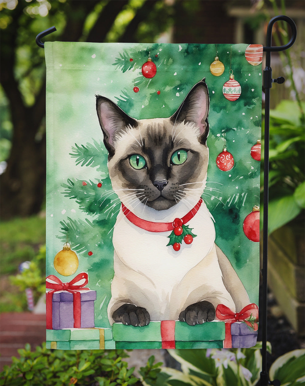 Siamese Cat By the Christmas Tree Garden Flag Mailbox Decorative Yard Banner Outside Patio Artwork for Flower Beds, Garden Size, Multicolor