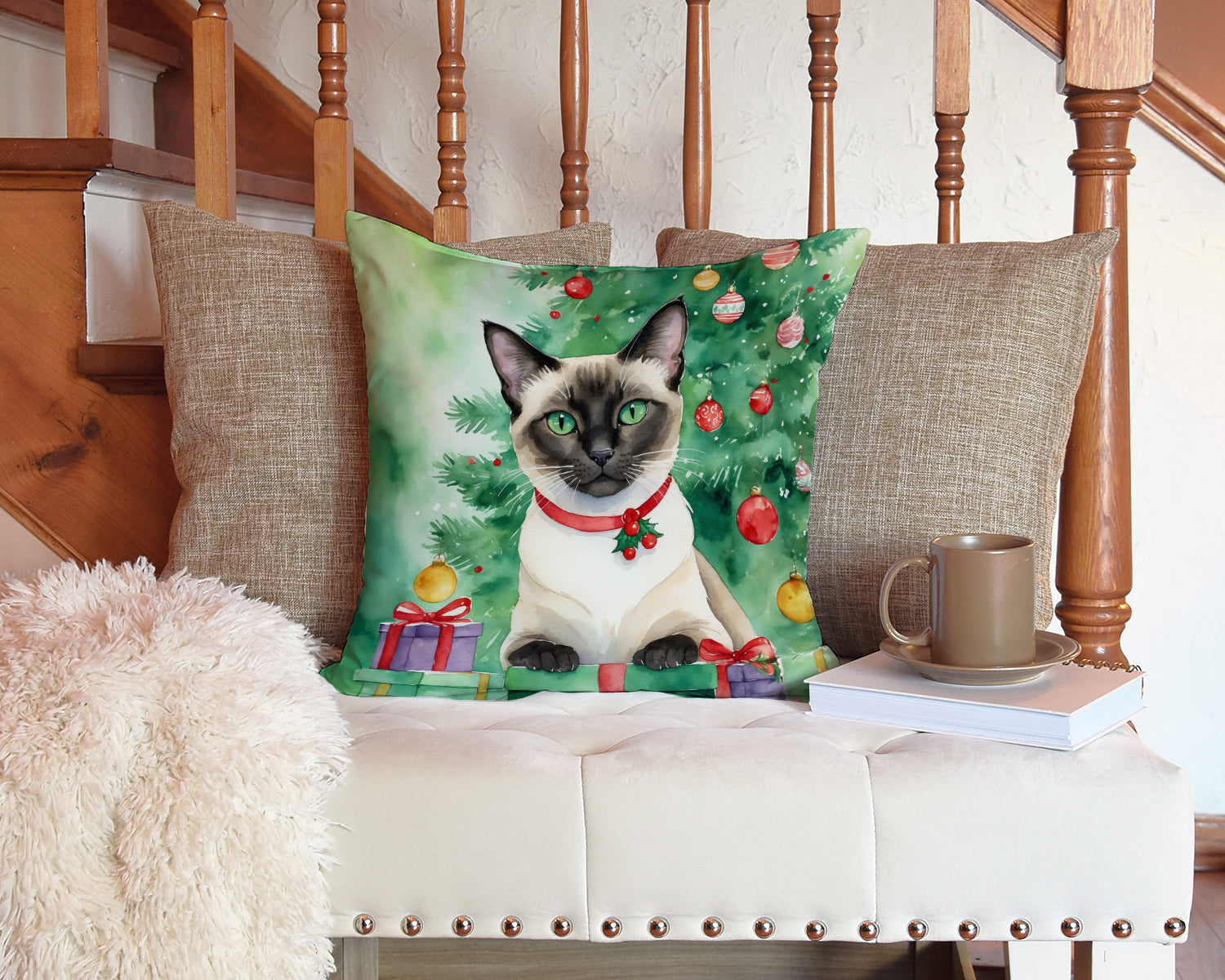 Siamese Cat By the Christmas Tree Decorative Throw Pillow 14x14 Indoor Outdoor Accent Cushion, Fabric Cover with Insert for Sofa, Bed, Porch & Living Room