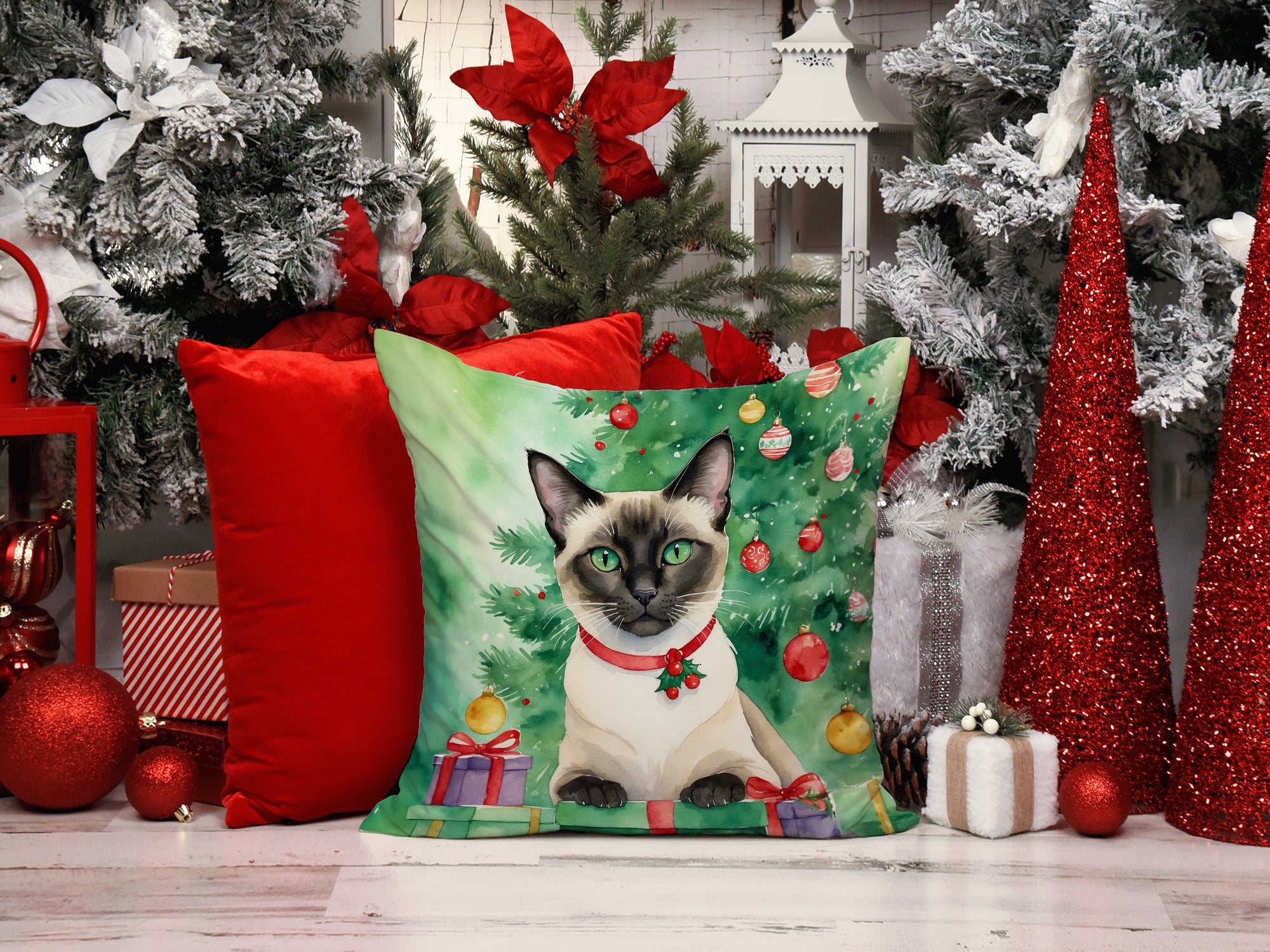 Siamese Cat By the Christmas Tree Decorative Throw Pillow 18x18 Indoor Outdoor Accent Cushion, Fabric Cover with Insert for Sofa, Bed, Porch & Living Room