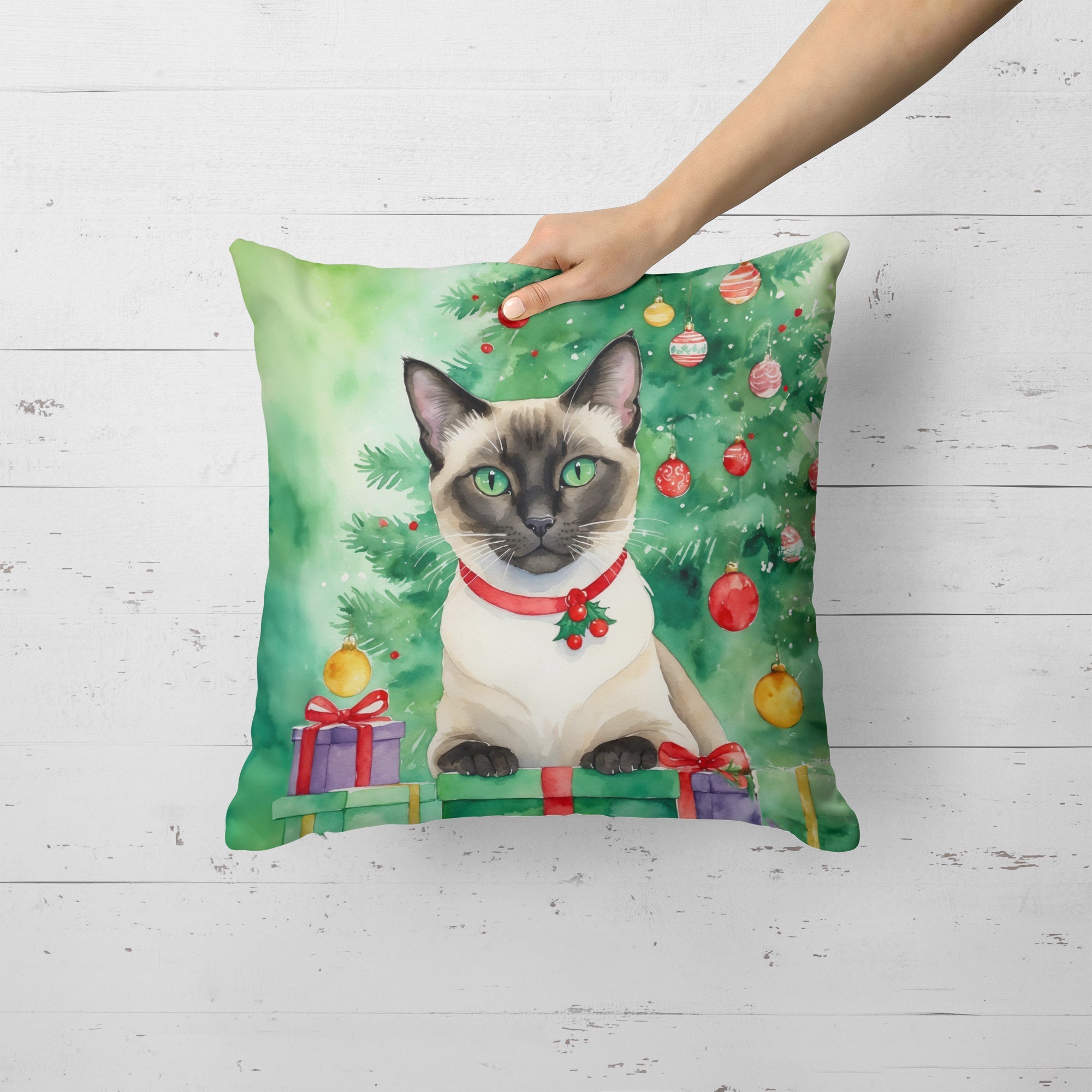 Siamese Cat By the Christmas Tree Decorative Throw Pillow 18x18 Indoor Outdoor Accent Cushion, Fabric Cover with Insert for Sofa, Bed, Porch & Living Room
