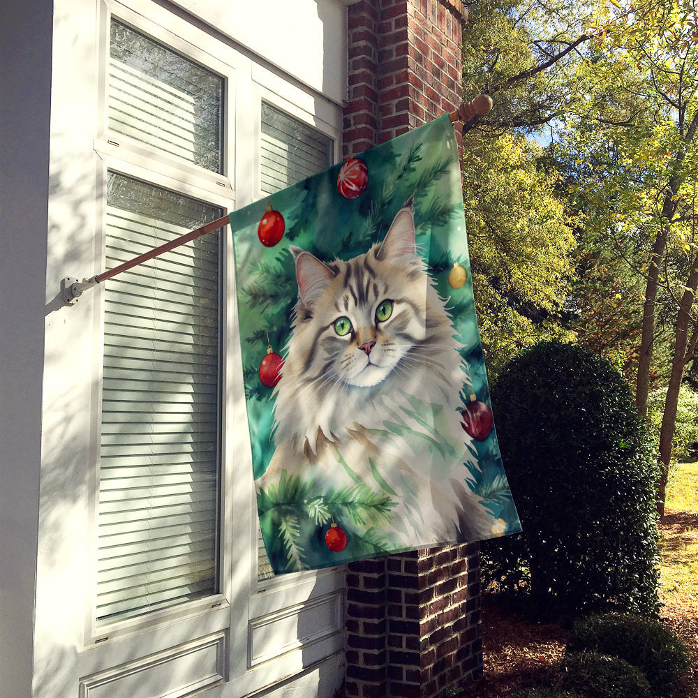 Siberian Cat By the Christmas Tree House Flag 28x40 Porch Sleeve Pole Decorative Outside Yard Banner Artwork Wall Hanging, Polyester