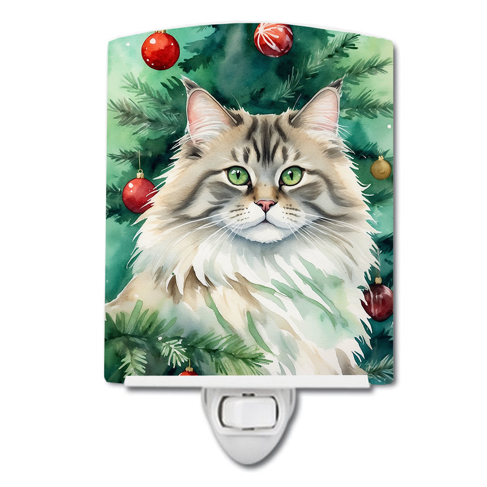 Siberian Cat By the Christmas Tree Ceramic Night Light Compact, UL-Certified, Ideal for Bedroom, Bathroom, Nursery, Hallway, Kitchen, 6x4x3, Multicolor