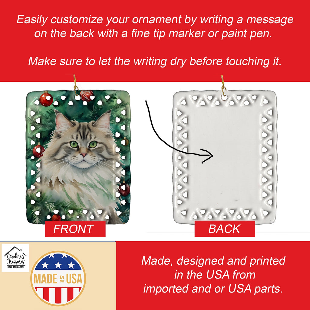 Siberian Cat By the Christmas Tree Porcelain Ornament Christmas Tree Hanging Decorations for Home Christmas Holiday, Rectangle, Gift, Multicolor