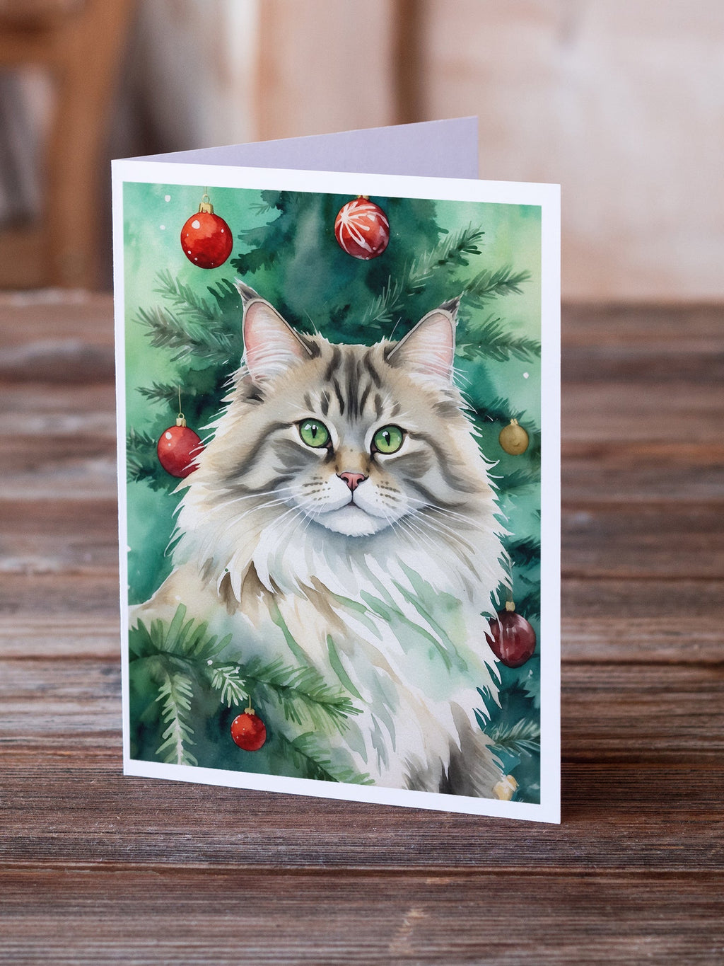 Siberian Cat By the Christmas Tree Greeting Cards Pack of 8 Blank Cards with Envelopes Whimsical A7 Size 5x7