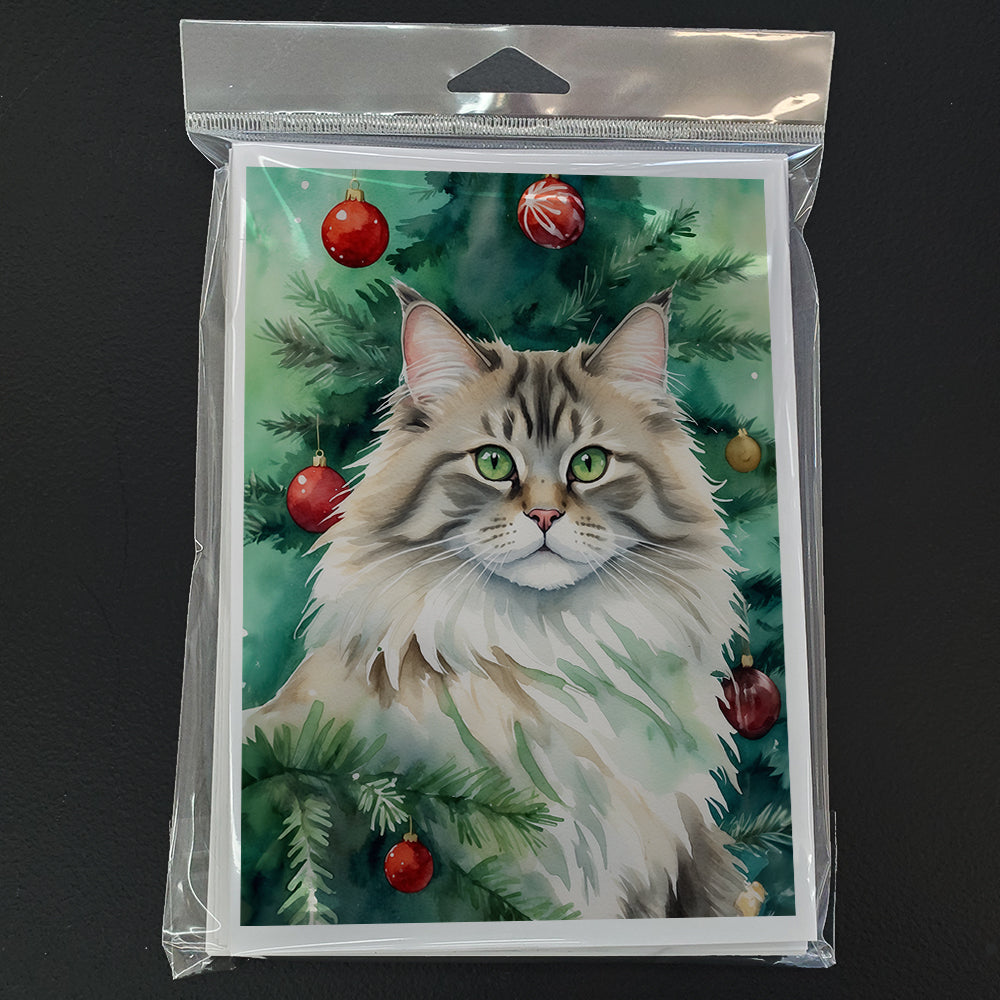 Siberian Cat By the Christmas Tree Greeting Cards Pack of 8 Blank Cards with Envelopes Whimsical A7 Size 5x7