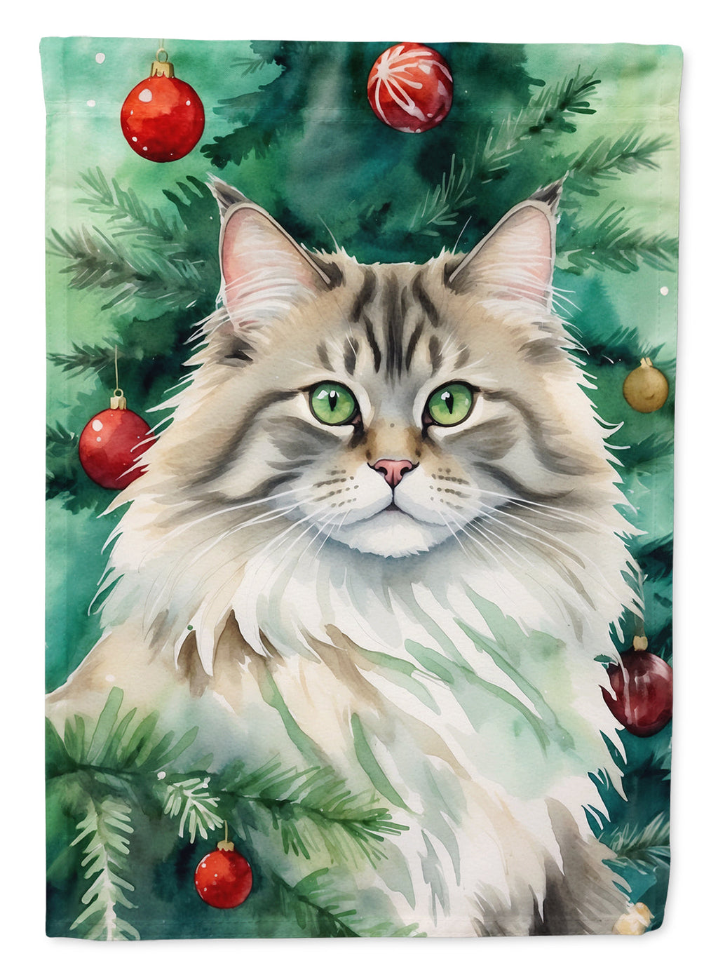 Siberian Cat By the Christmas Tree Garden Flag Mailbox Decorative Yard Banner Outside Patio Artwork for Flower Beds, Garden Size, Multicolor