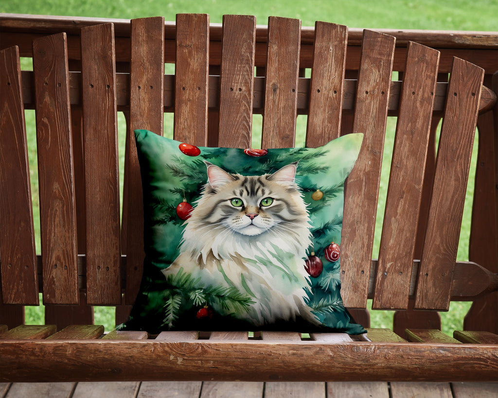 Siberian Cat By the Christmas Tree Decorative Throw Pillow 14x14 Indoor Outdoor Accent Cushion, Fabric Cover with Insert for Sofa, Bed, Porch & Living Room