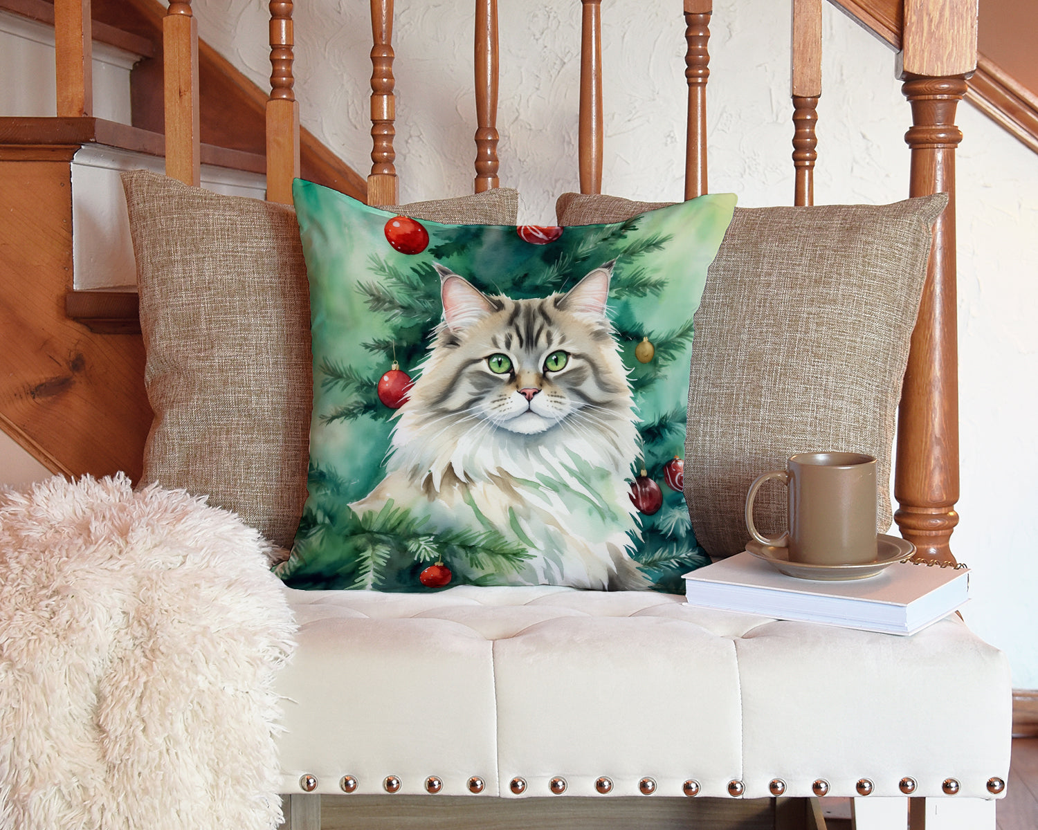 Siberian Cat By the Christmas Tree Decorative Throw Pillow 14x14 Indoor Outdoor Accent Cushion, Fabric Cover with Insert for Sofa, Bed, Porch & Living Room