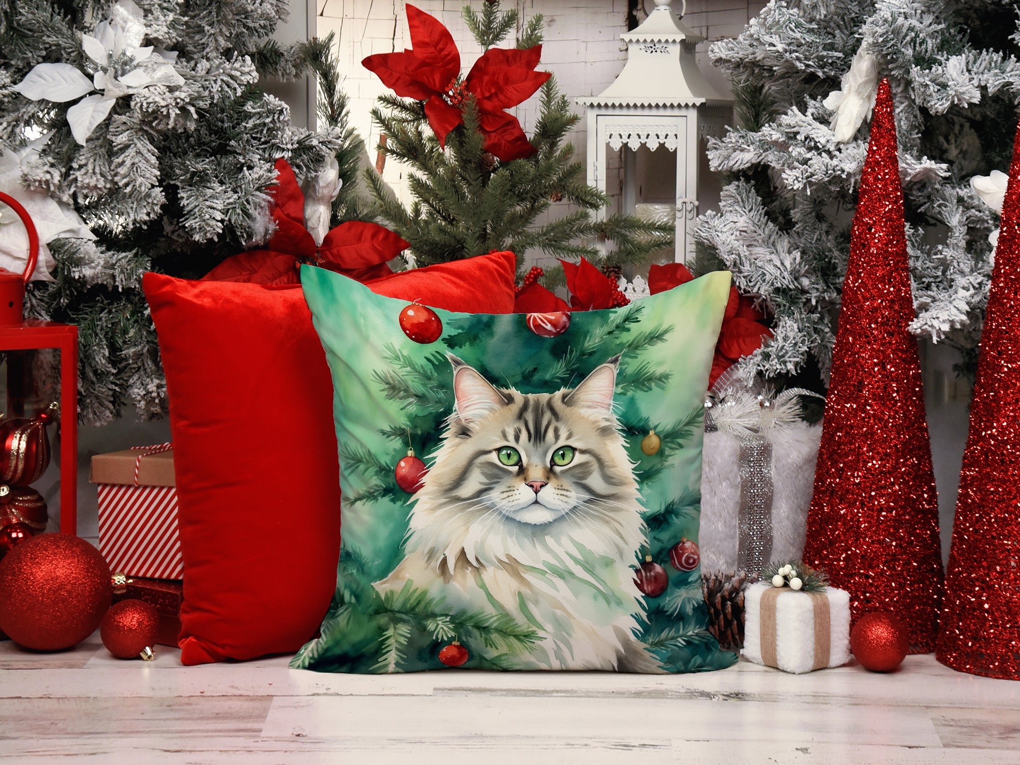 Siberian Cat By the Christmas Tree Decorative Throw Pillow 18x18 Indoor Outdoor Accent Cushion, Fabric Cover with Insert for Sofa, Bed, Porch & Living Room