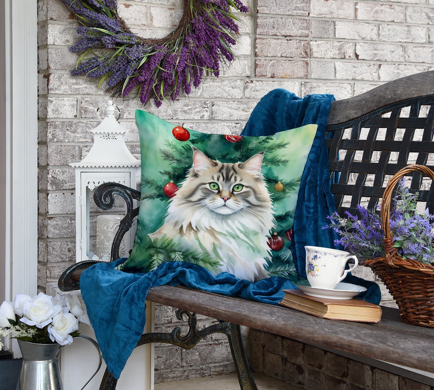 Siberian Cat By the Christmas Tree Decorative Throw Pillow 18x18 Indoor Outdoor Accent Cushion, Fabric Cover with Insert for Sofa, Bed, Porch & Living Room