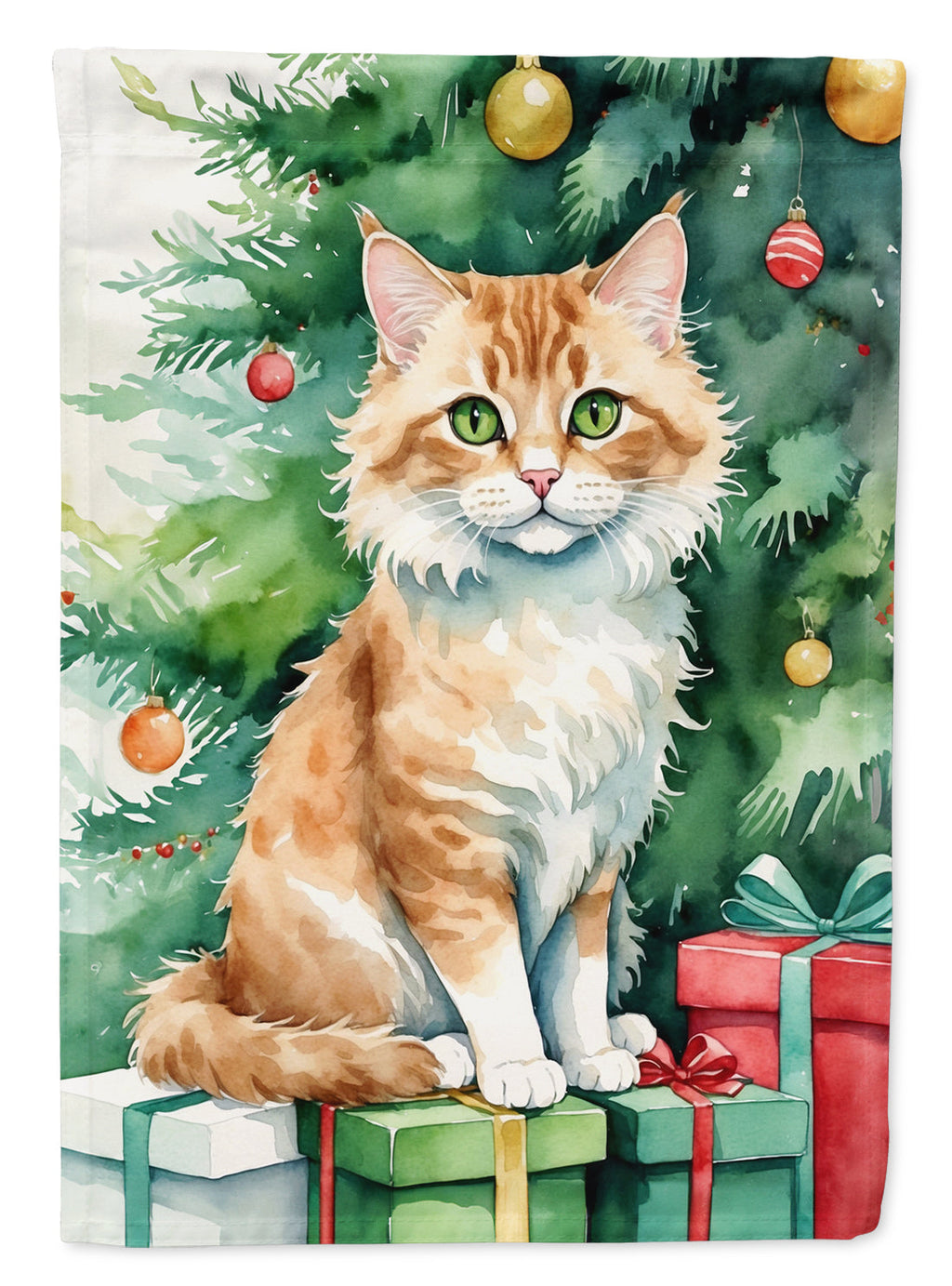 Skookum Cat By the Christmas Tree House Flag 28x40 Porch Sleeve Pole Decorative Outside Yard Banner Artwork Wall Hanging, Polyester
