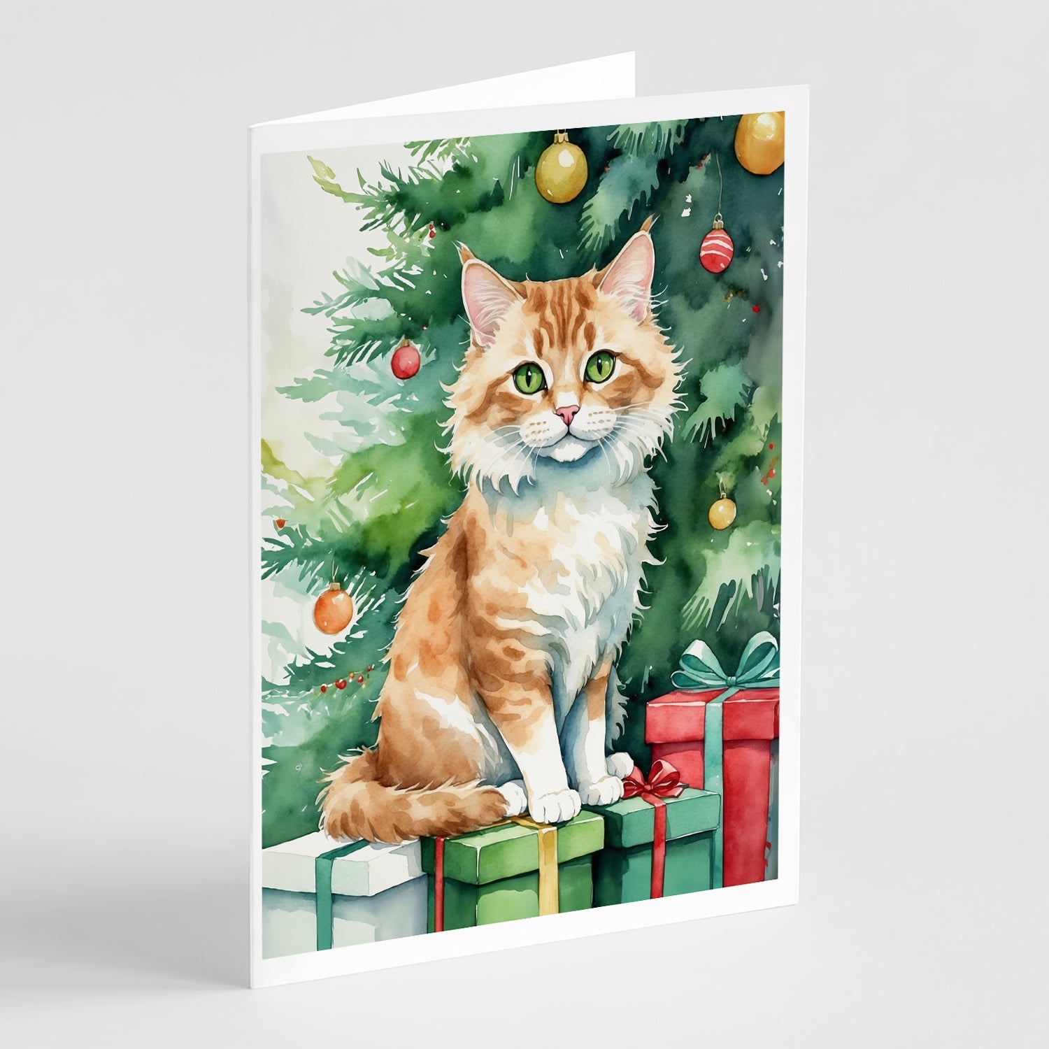Skookum Cat By the Christmas Tree Greeting Cards Pack of 8 Blank Cards with Envelopes Whimsical A7 Size 5x7