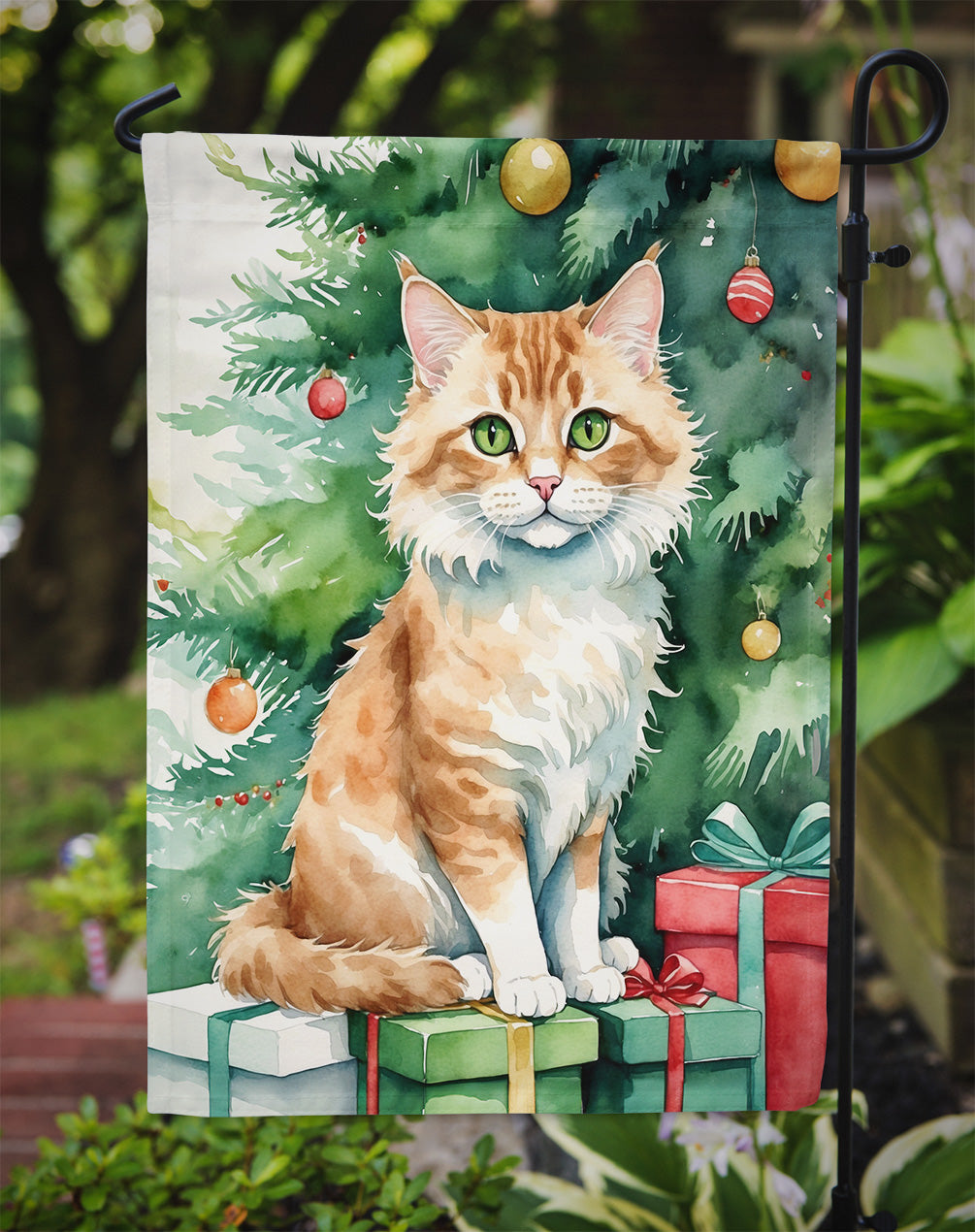 Skookum Cat By the Christmas Tree Garden Flag Mailbox Decorative Yard Banner Outside Patio Artwork for Flower Beds, Garden Size, Multicolor