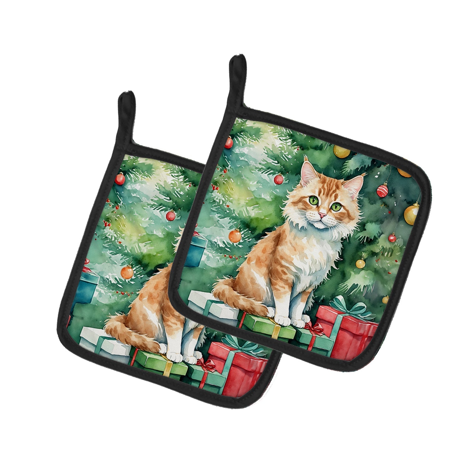 Skookum Cat By the Christmas Tree Pot Holder Set of 2 Heat Resistant Quilted Hot Pads 7.5 x 7.5 Inch, Insulated Kitchen Trivets for Cooking & Baking