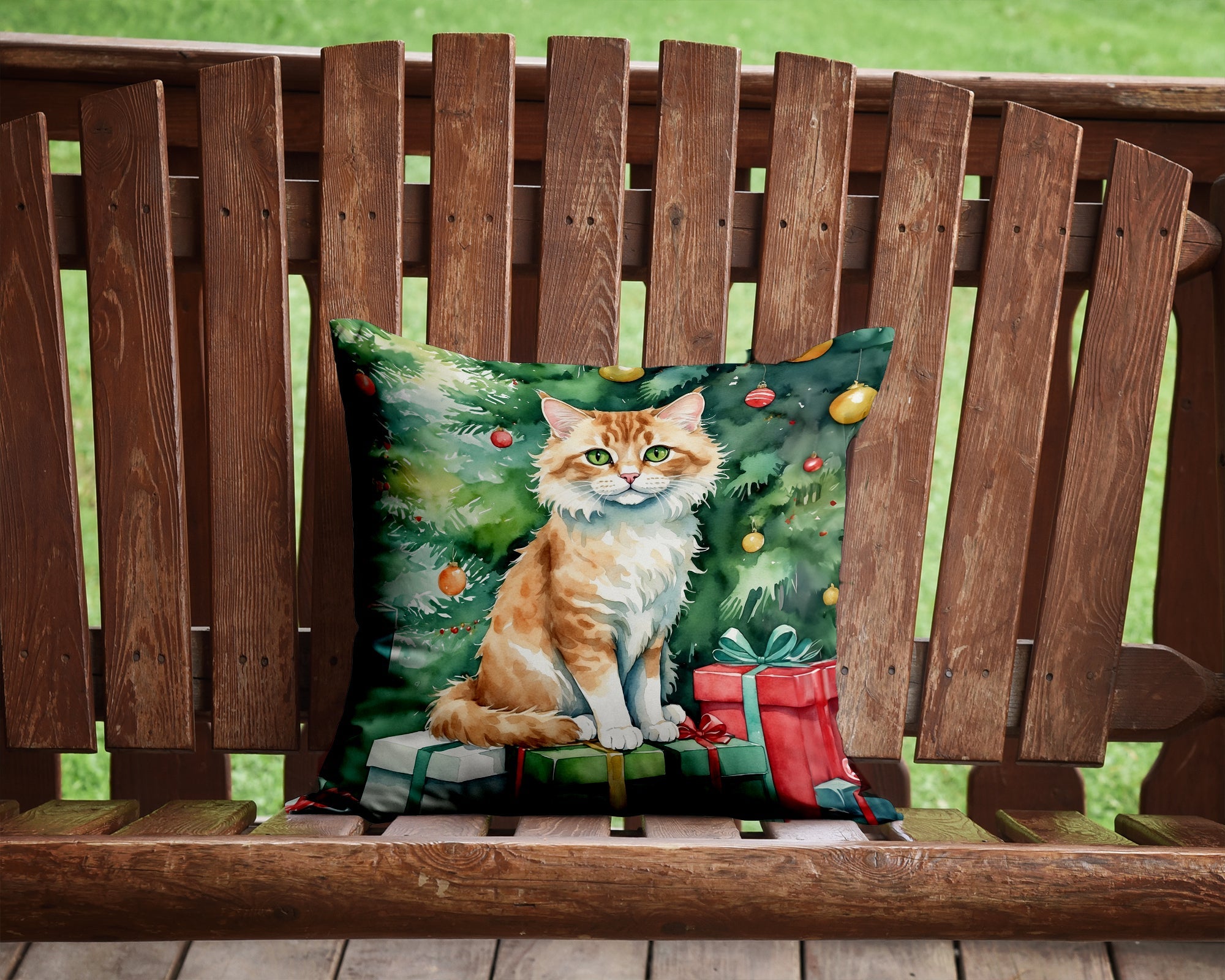 Skookum Cat By the Christmas Tree Decorative Throw Pillow 14x14 Indoor Outdoor Accent Cushion, Fabric Cover with Insert for Sofa, Bed, Porch & Living Room