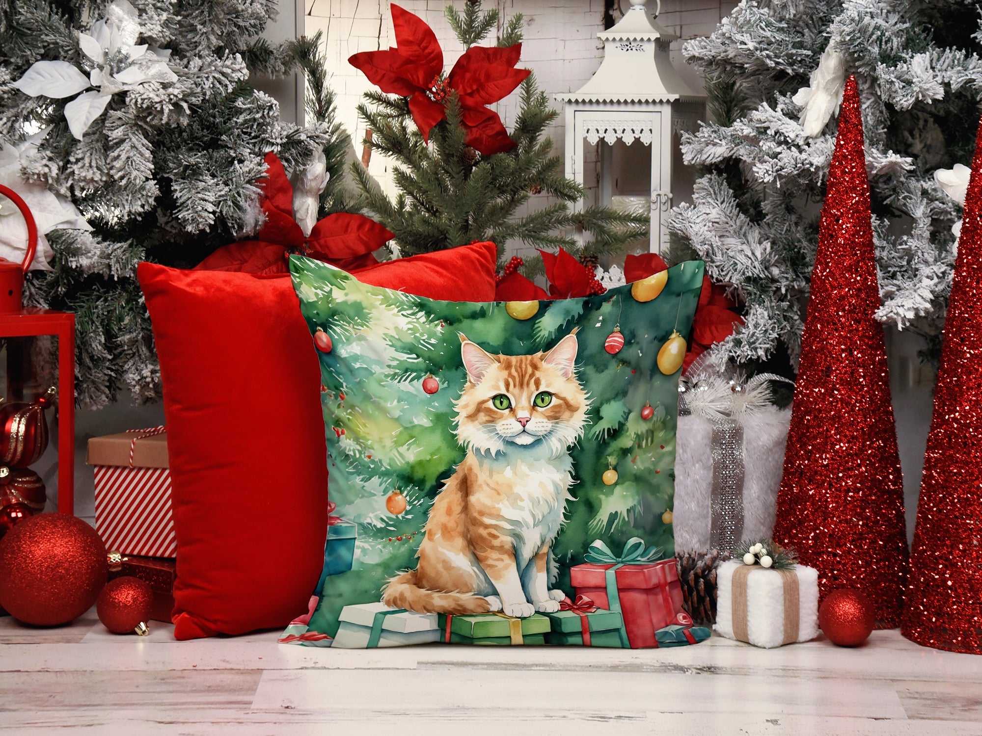 Skookum Cat By the Christmas Tree Decorative Throw Pillow 18x18 Indoor Outdoor Accent Cushion, Fabric Cover with Insert for Sofa, Bed, Porch & Living Room