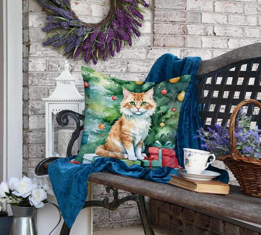 Skookum Cat By the Christmas Tree Decorative Throw Pillow 18x18 Indoor Outdoor Accent Cushion, Fabric Cover with Insert for Sofa, Bed, Porch & Living Room