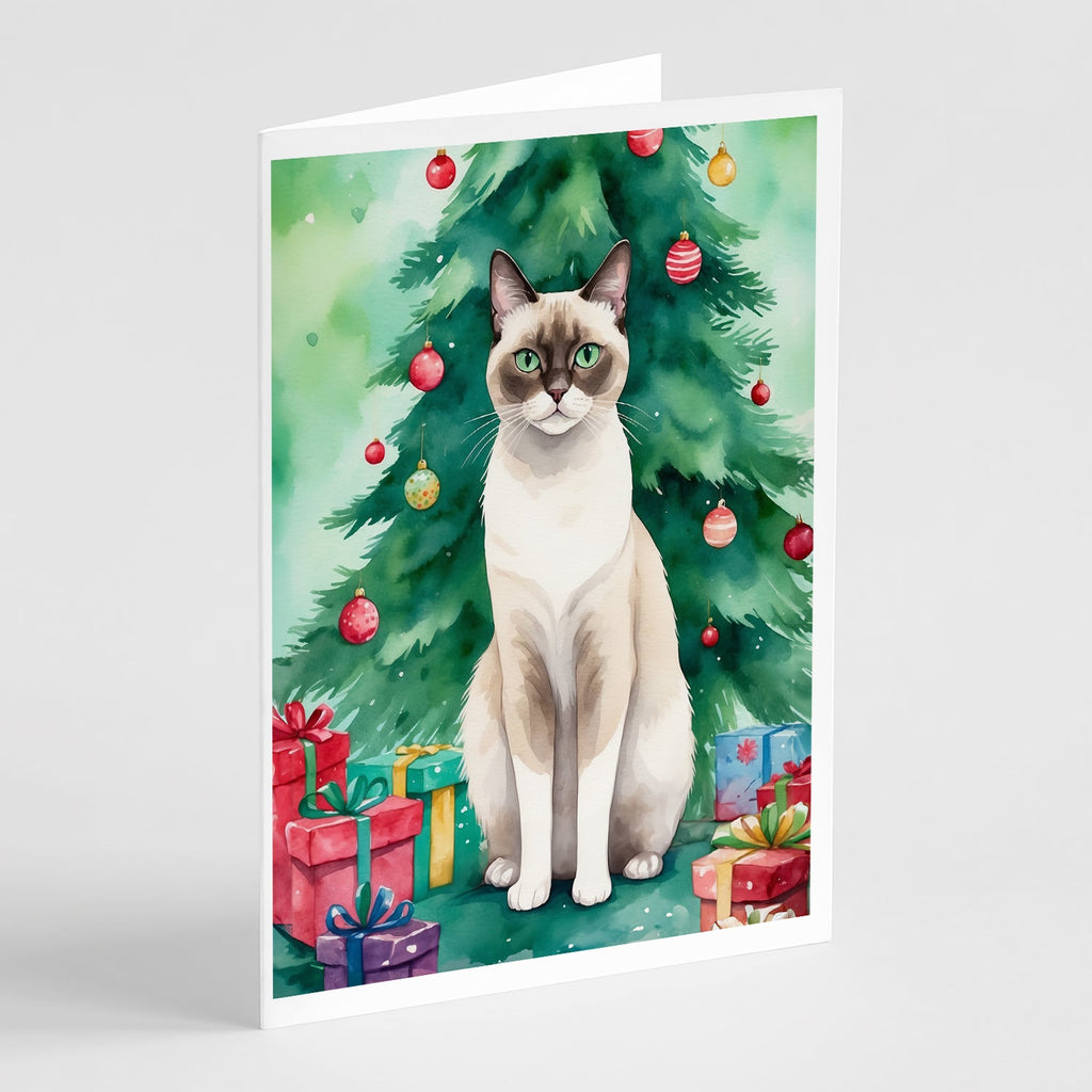Snowshoe Cat By the Christmas Tree Greeting Cards Pack of 8 Blank Cards with Envelopes Whimsical A7 Size 5x7