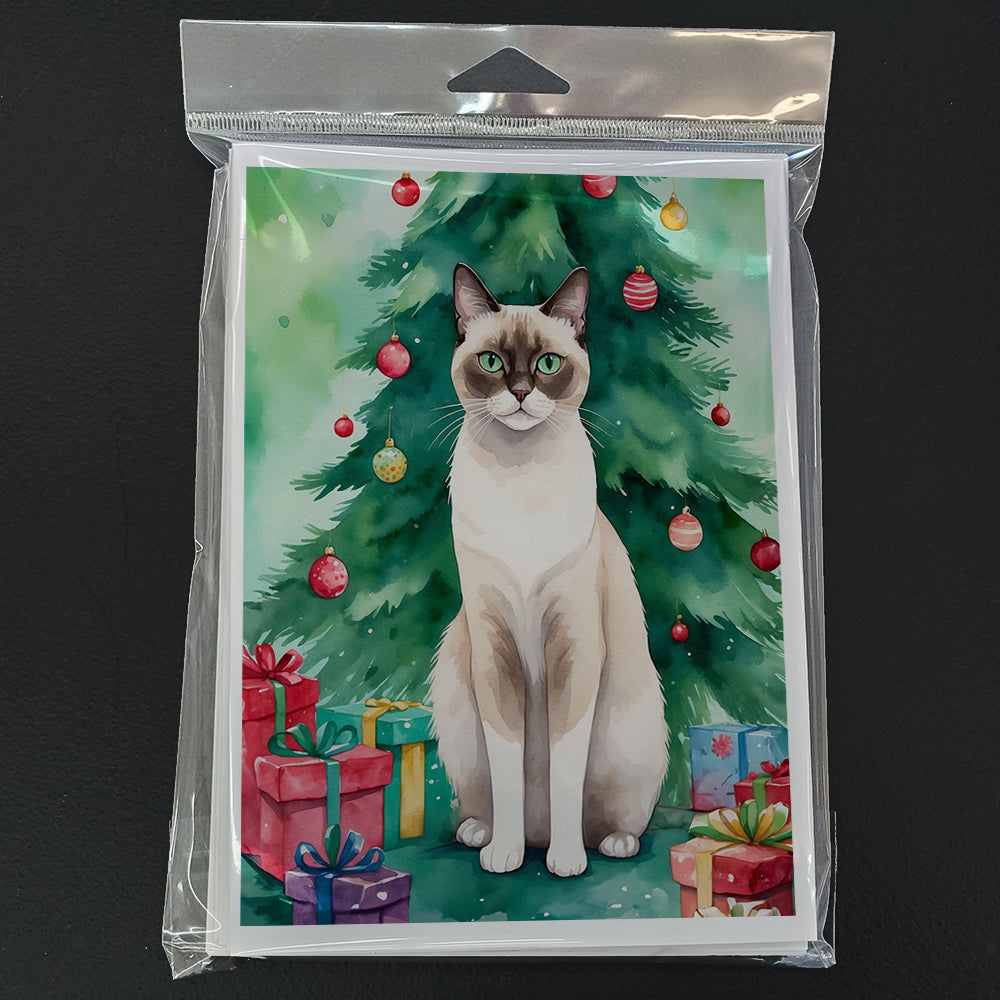 Snowshoe Cat By the Christmas Tree Greeting Cards Pack of 8 Blank Cards with Envelopes Whimsical A7 Size 5x7