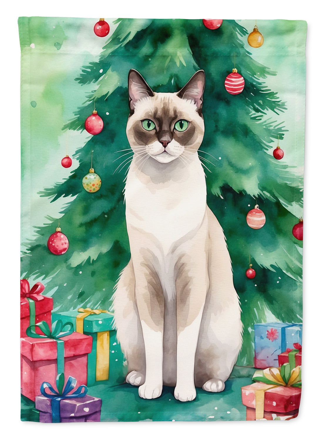 Snowshoe Cat By the Christmas Tree Garden Flag Mailbox Decorative Yard Banner Outside Patio Artwork for Flower Beds, Garden Size, Multicolor