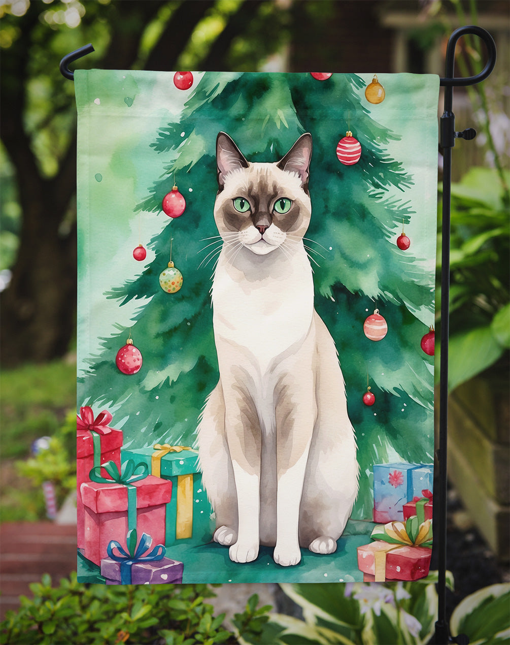 Snowshoe Cat By the Christmas Tree Garden Flag Mailbox Decorative Yard Banner Outside Patio Artwork for Flower Beds, Garden Size, Multicolor