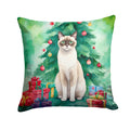 Snowshoe Cat By the Christmas Tree Decorative Throw Pillow 14x14 Indoor Outdoor Accent Cushion, Fabric Cover with Insert for Sofa, Bed, Porch & Living Room
