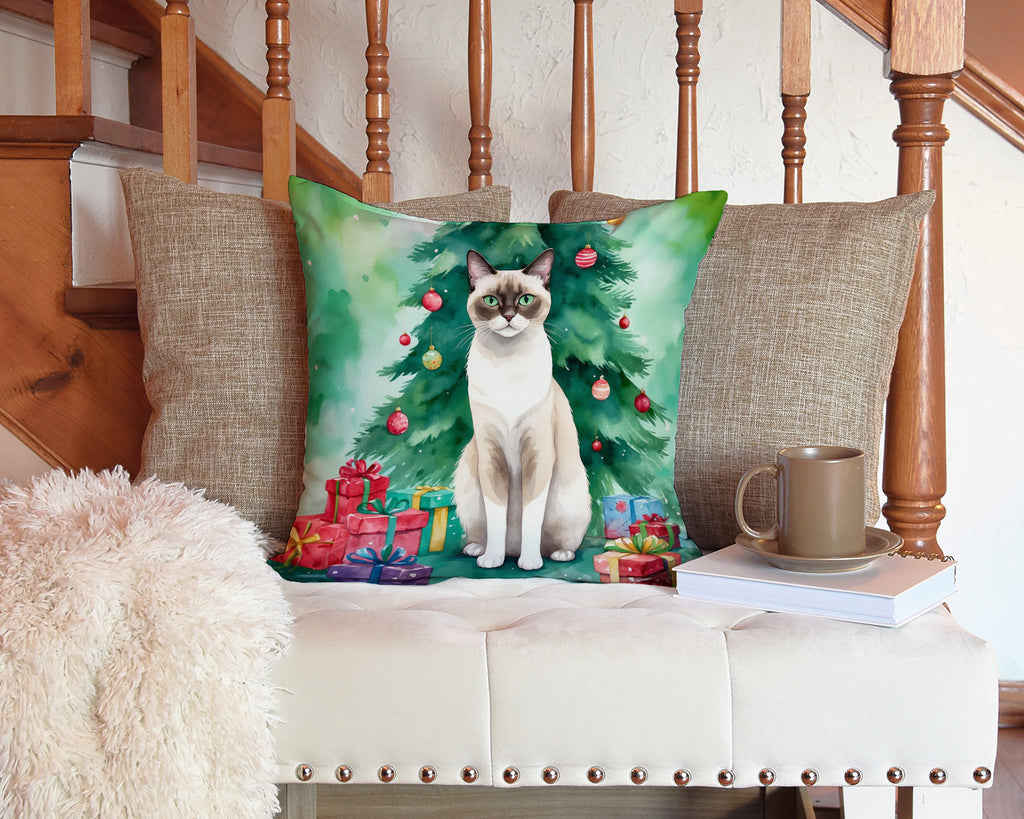 Snowshoe Cat By the Christmas Tree Decorative Throw Pillow 14x14 Indoor Outdoor Accent Cushion, Fabric Cover with Insert for Sofa, Bed, Porch & Living Room
