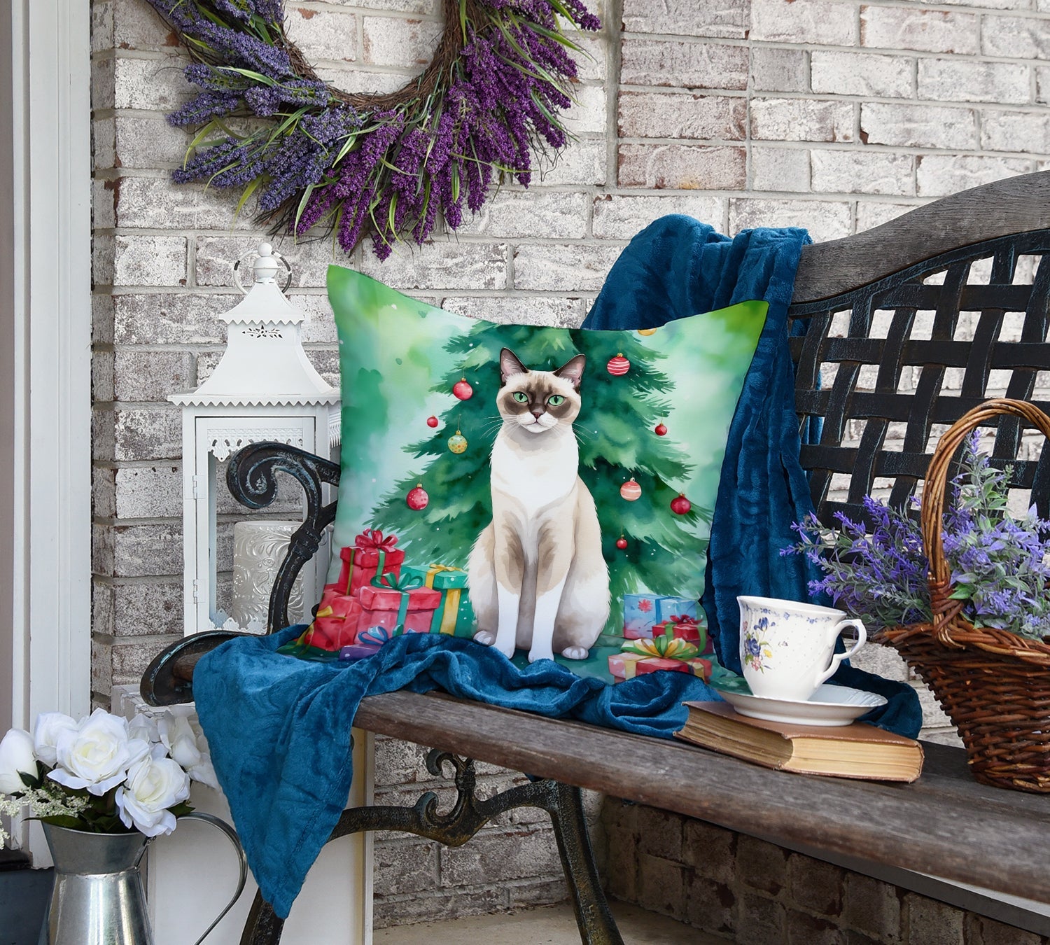 Snowshoe Cat By the Christmas Tree Decorative Throw Pillow 18x18 Indoor Outdoor Accent Cushion, Fabric Cover with Insert for Sofa, Bed, Porch & Living Room