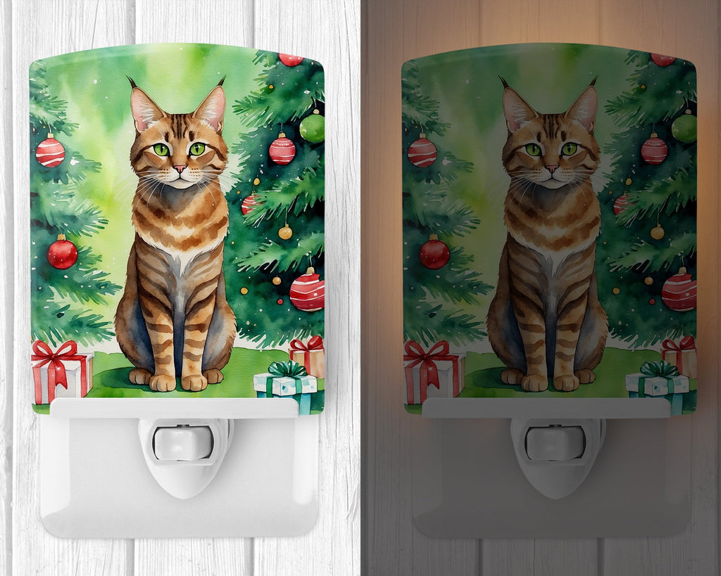 Sokoke Cat By the Christmas Tree Ceramic Night Light Compact, UL-Certified, Ideal for Bedroom, Bathroom, Nursery, Hallway, Kitchen, 6x4x3, Multicolor