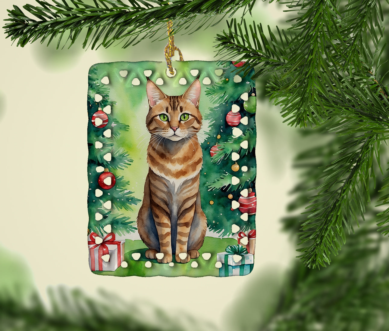 Sokoke Cat By the Christmas Tree Porcelain Ornament Christmas Tree Hanging Decorations for Home Christmas Holiday, Rectangle, Gift, Multicolor