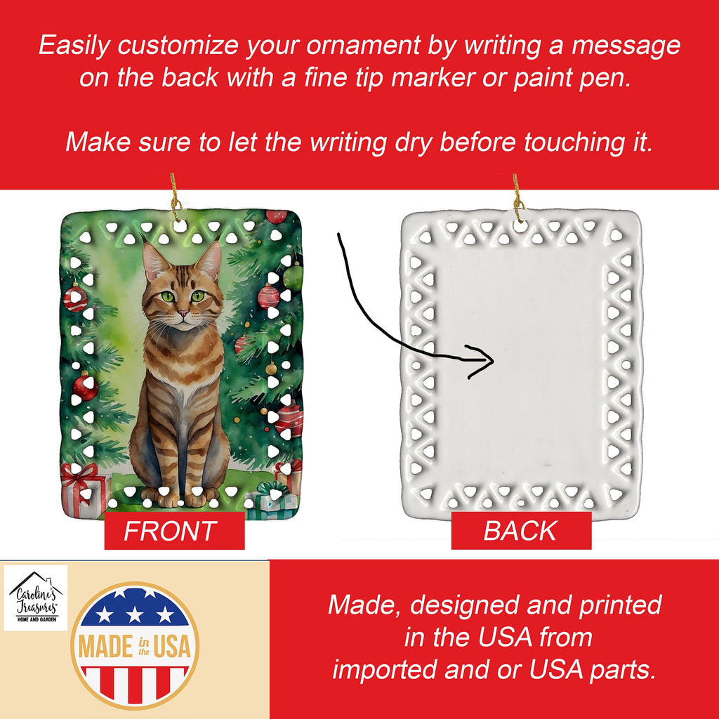 Sokoke Cat By the Christmas Tree Porcelain Ornament Christmas Tree Hanging Decorations for Home Christmas Holiday, Rectangle, Gift, Multicolor
